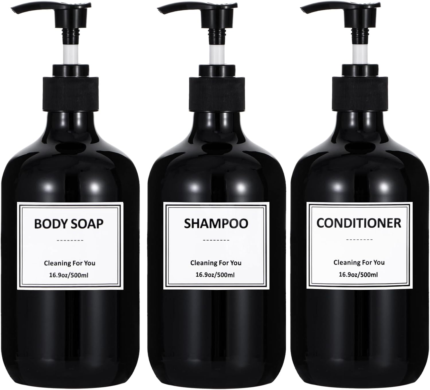 Yeeco 16.9Oz/500Ml Hand Soap Dispenser, Plastic Pump Bottles Dispenser with Waterproof Labels, Shampoo and Conditioner Dispenser for Liquid Soap, Kitchen, Bathroom, Commercial (3 Pack Black) image number 3
