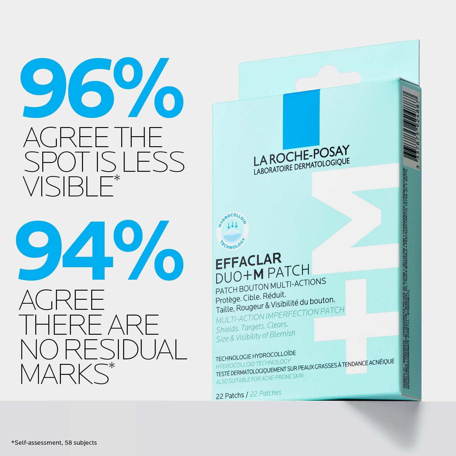 La Roche-Posay Effaclar DUO +M Multi-Target Blemish Spot Pimple Patches 22-Piece Set (Includes 12 Small + 10 Medium Size), Suits Acne-Prone Skin Visibly Reduce Size & Redness, Multiaction Imperfection Patch Shields + Targets + Clears image number 1