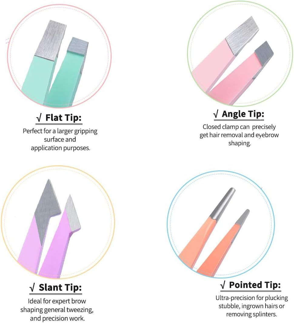 Beauty Eyebrow Tweezers Set Stainless Steel Slanted and Pointed Tip Hairs Tweezer Set Eyebrows Plucking Eyelash Extension Ingrown Hair Remover Tools 4Pcs Set image number 5