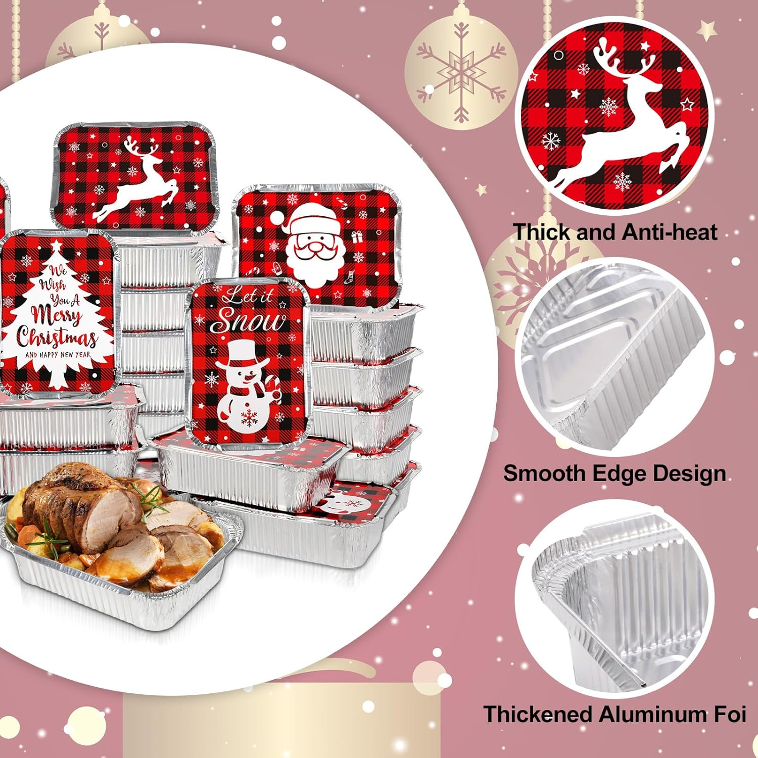Whaline 42Pcs Christmas Foil Pans with Lids Red Black Plaid Food Storage Containers Xmas Tree Santa Disposable Aluminum Pans for Baking Cooking Heating Storing Prepping Food, 6 Designs image number 4