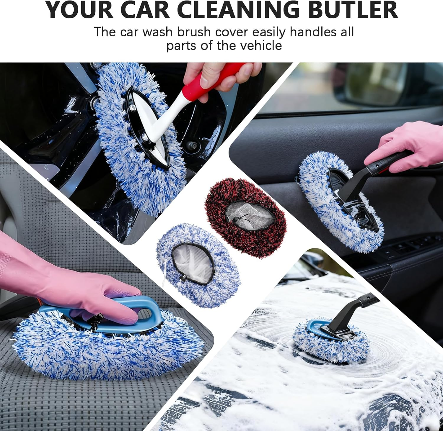Wenxiaw Pack of 2 Car Wash Brush Covers, Brush Cover Set, Car Wash Microfibre Brush Cover, Wash Brush Cover for Car Cover, Wash Brush, Car for Gentle Car Wash and Car Care (Red and Blue) image number 3