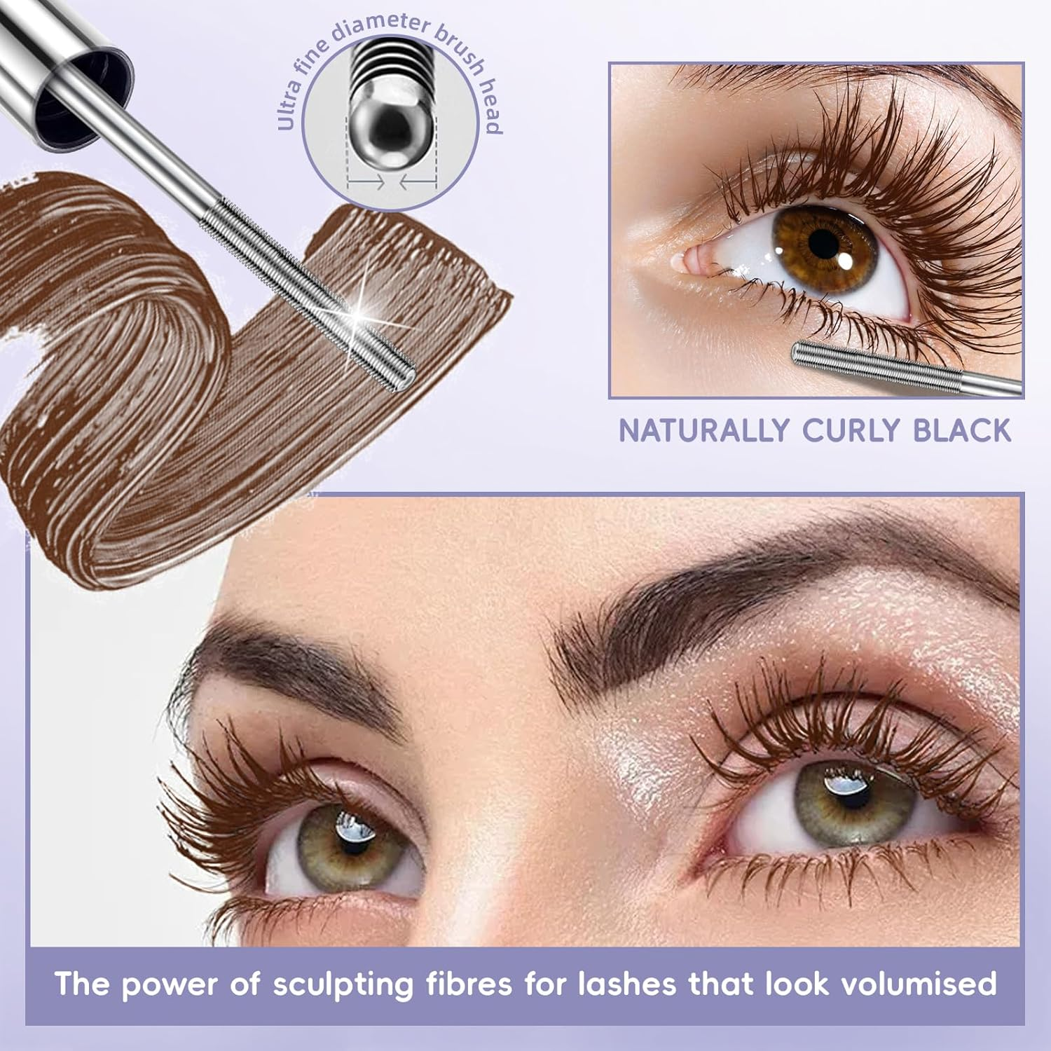 Noerrors Metal Mascara, Washable Iron Eyelash Stick, 3D Curling, Extra Slim Fine Volume Pigment Long Eyelashes, Brushless Brush, Waterproof Long Lasting Eyelash Makeup #Brown image number 3