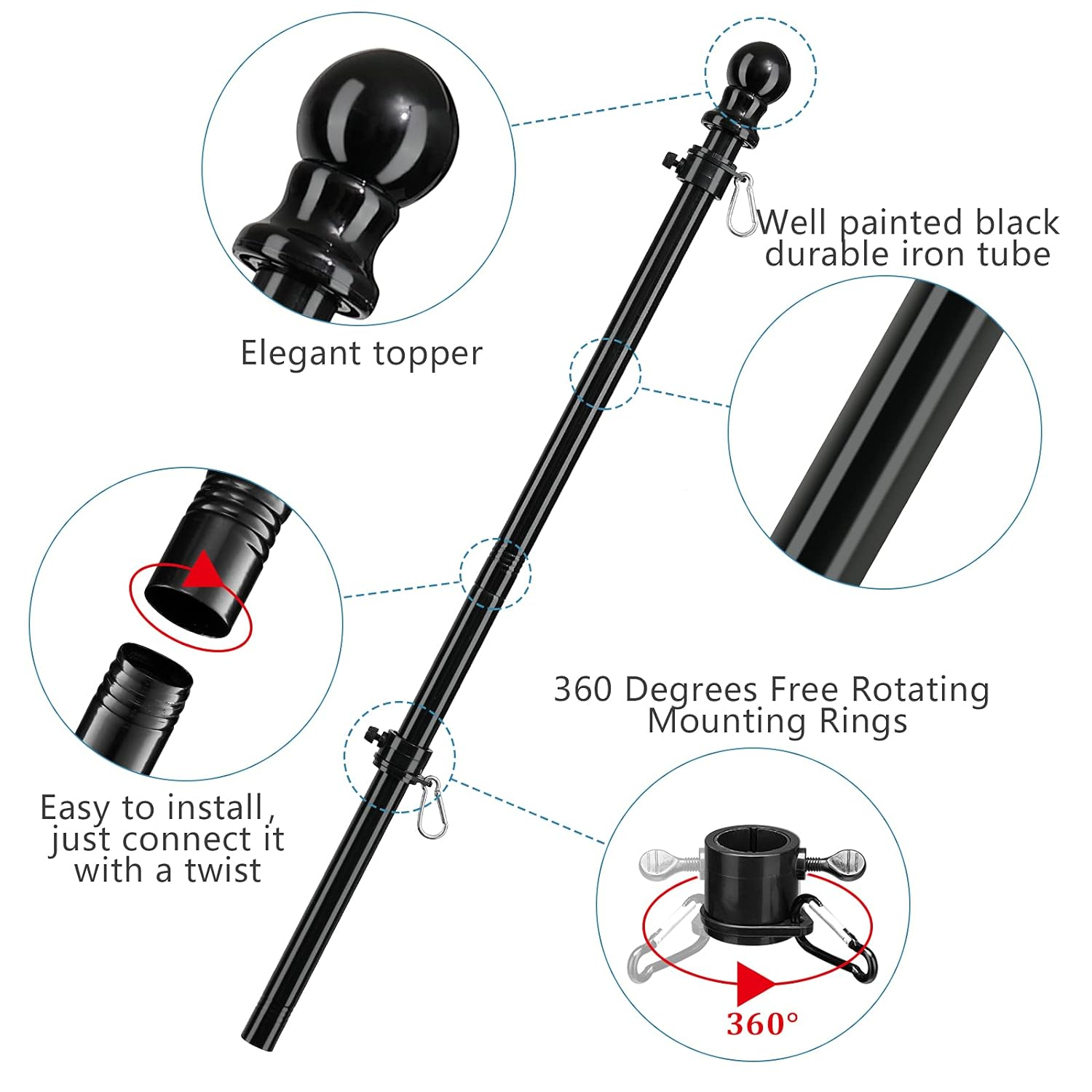 Barcetine American Flag Poles for outside House - 6Ft Tangle Free Flag Pole for House with Holder Bracket,Residential Flagpole Kit for Outdoor Porch Garage - Black image number 5
