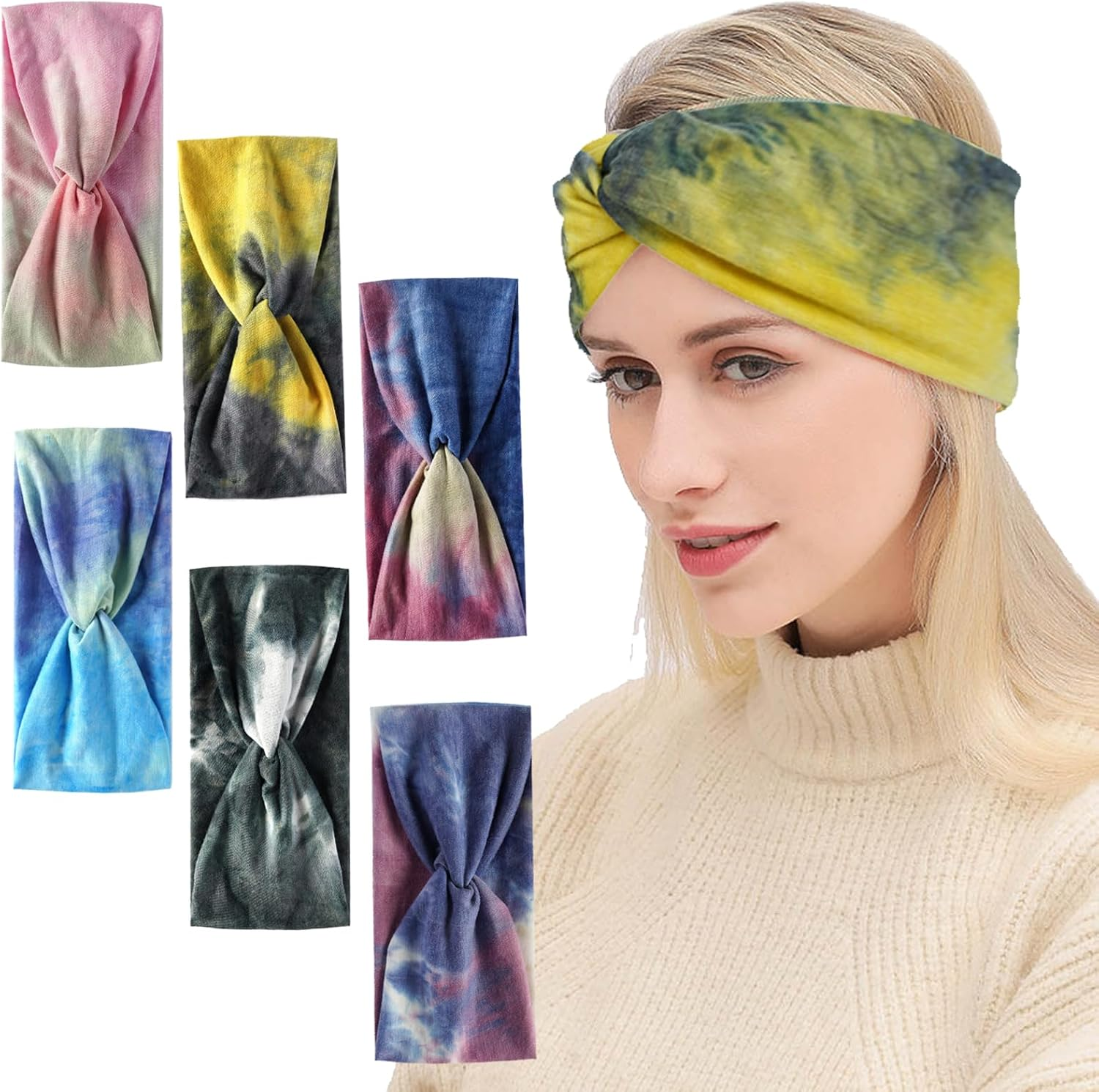 HTTDSLF Pack of 6 Hair Bands, 9 Cm Tie Dyeing Wide Hair Bands for Women and Girls, Elastic Hair Bands, Trendy Women'S Headbands, Soft Headbands, Headband Hair Band image number 2