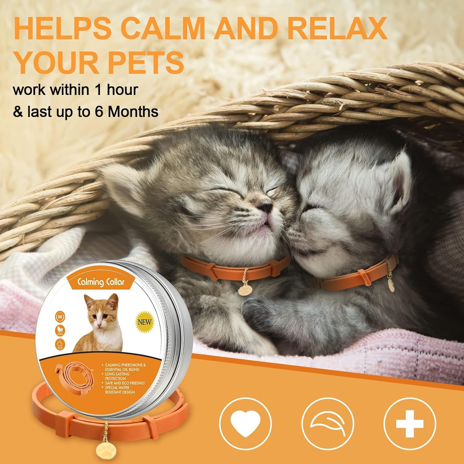 4 Pcs Calming Cats Collar Adjustable Cat Calm Collar Lavender Scent Relaxing Cat Collar with 2 Pendant for Puppies Cats Reduce Stress Aggression Anxious, up to 15 Inches (Orange) image number 2