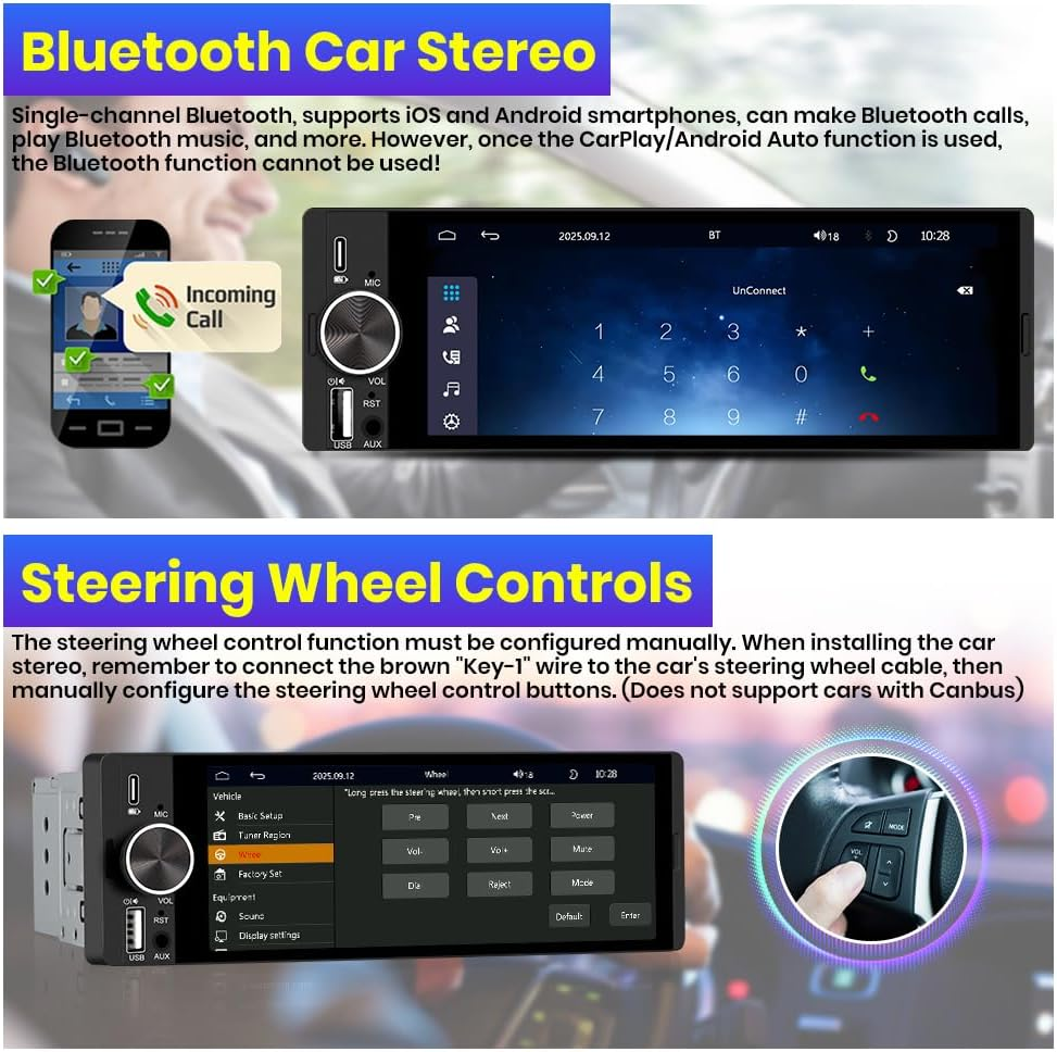 Junsun Single DIN Car Stereo with Carplay and Android Auto, Radio 1 Din with Reversing Camera FM AM RDS Type-C USB Port Function image number 4