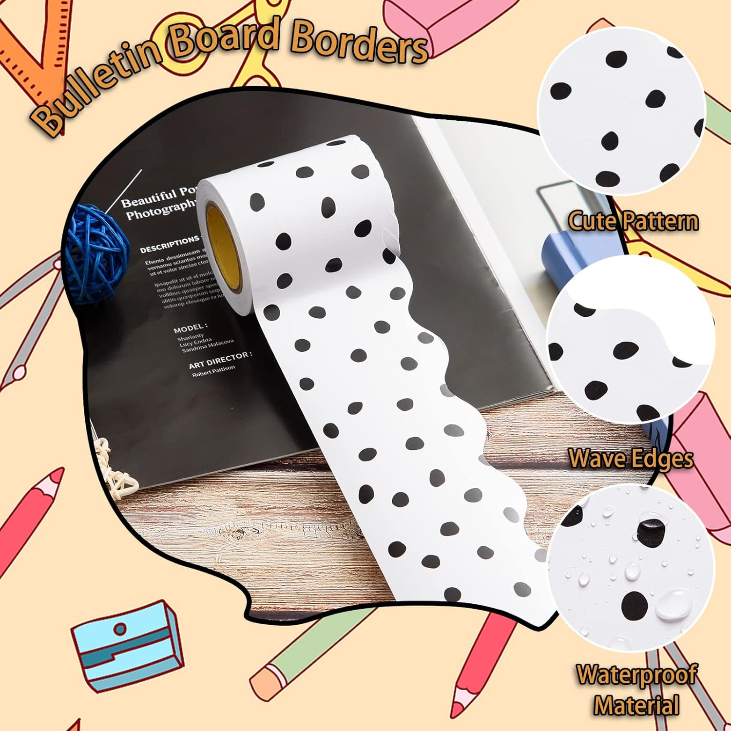 99 Feet Black Painted Dots Bulletin Board Borders 3 Rolls Scalloped Border Trims Polk Dots Decorative Classroom Bulletin Board Trim Back to School Decoration for Home Classroom School Office Decor