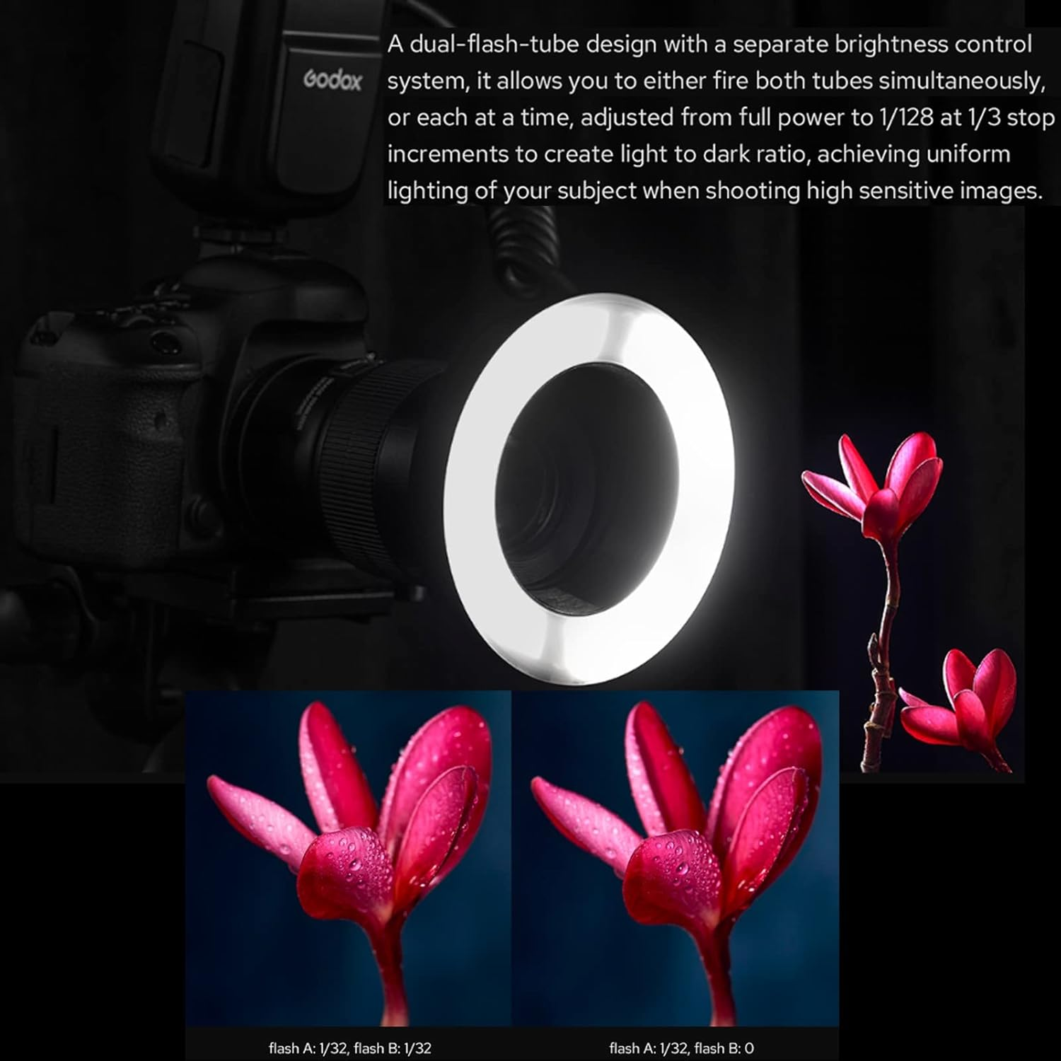 Godox MF-R76 Macro LED Ring Flash Speedlite 76Ws 660 Full-Power Flashes Dual-Flash Tubes Power Adjustment 1/128 to 1/1 10 Levels of Power Ratio for DSLR Cameras image number 5