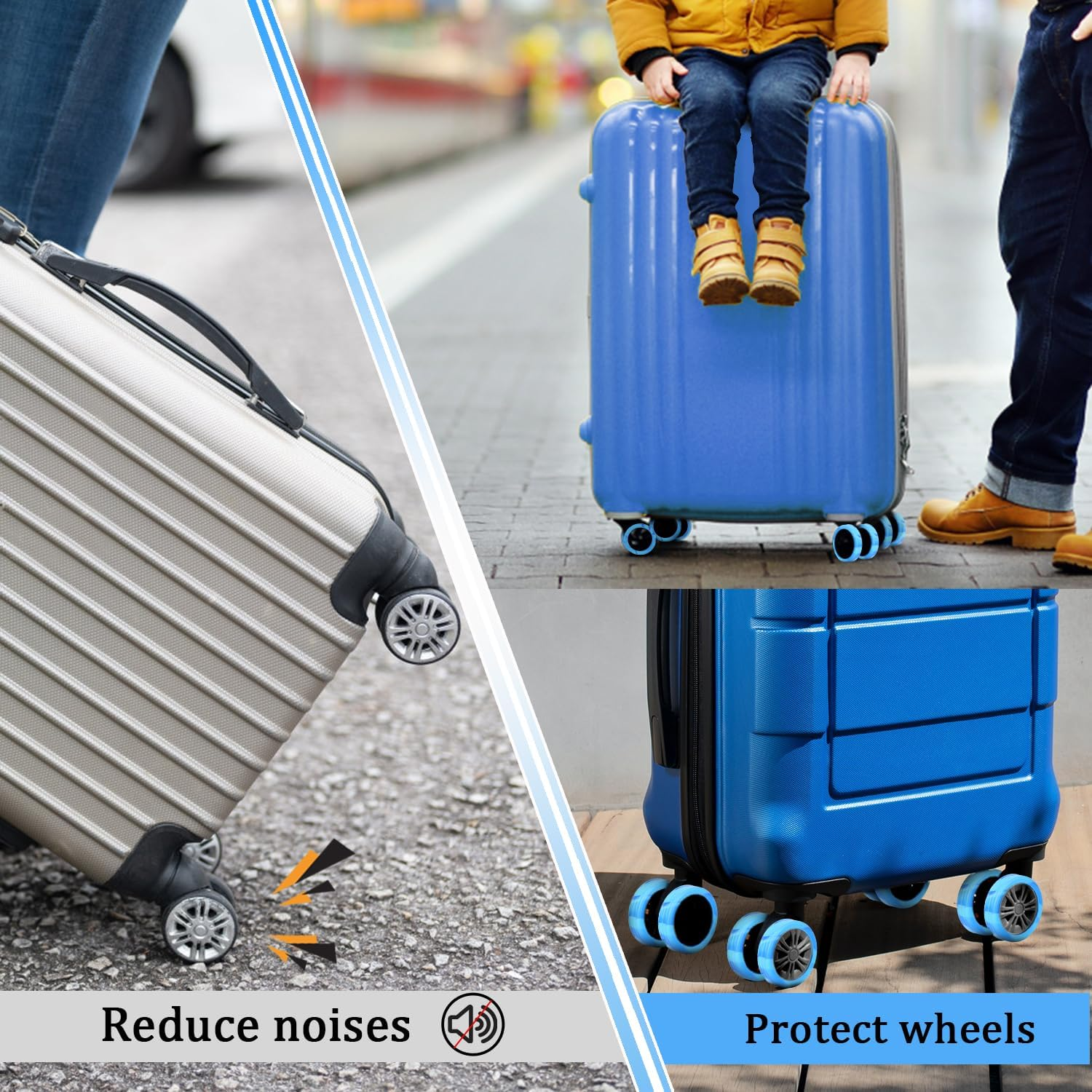 8Pcs Luggage Wheel Covers 4.2X1.5Cm Silicone Luggage Wheel Protector Wheel Covers Accessories Noise Proof for Most 8-Spinner Wheels Suitcase, Blue + Light Blue, 4,2X1,6Cm