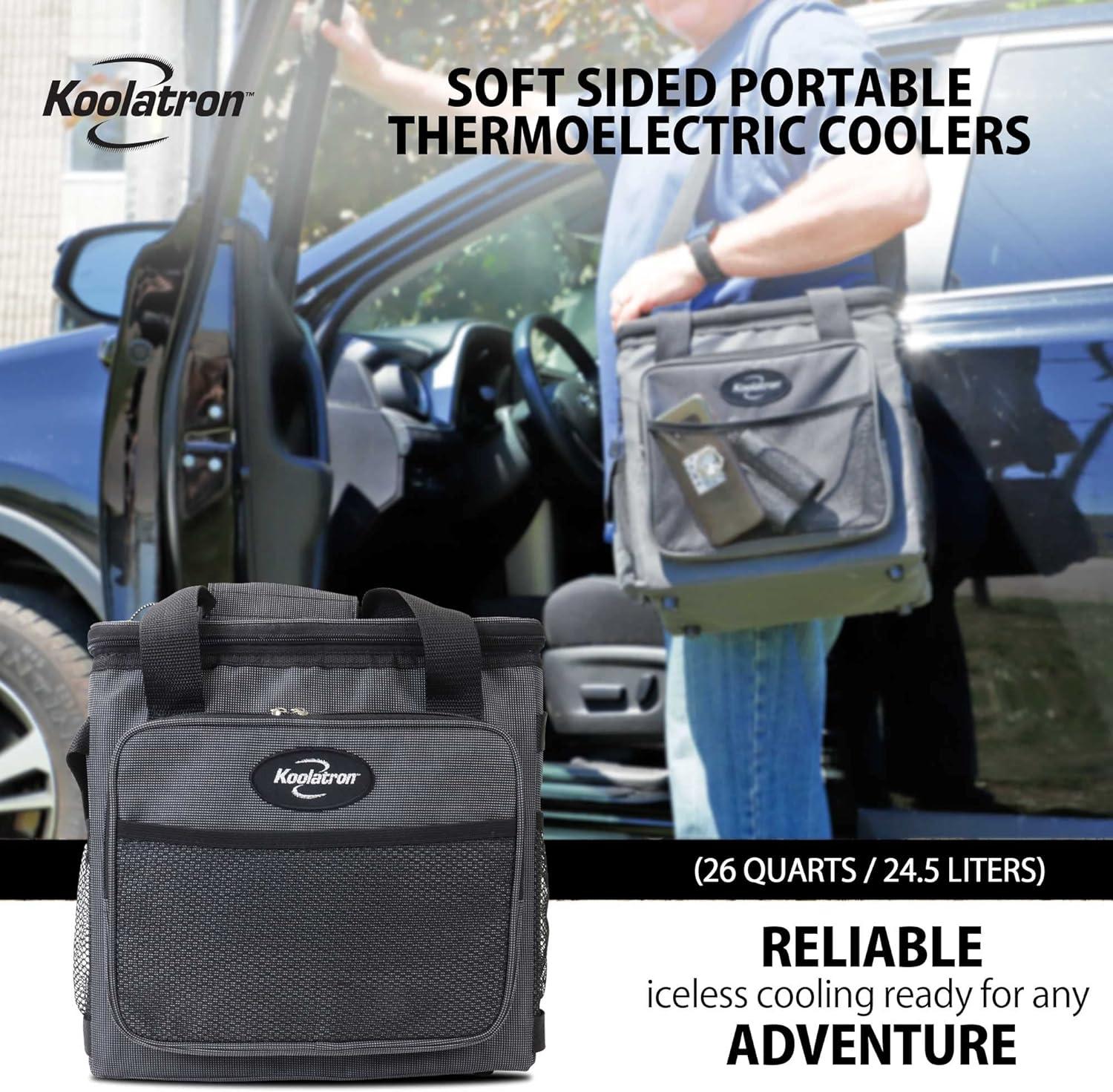 Koolatron 12V Electric Cool Bag, 25L, Thermoelectric Soft Cooler Bag, 12 Volt DC Connection, Foldable Storage, Plug in Iceless Portable Picnic Bag, for Work Travel Vehicle Car, Truck, Gray/Black image number 1
