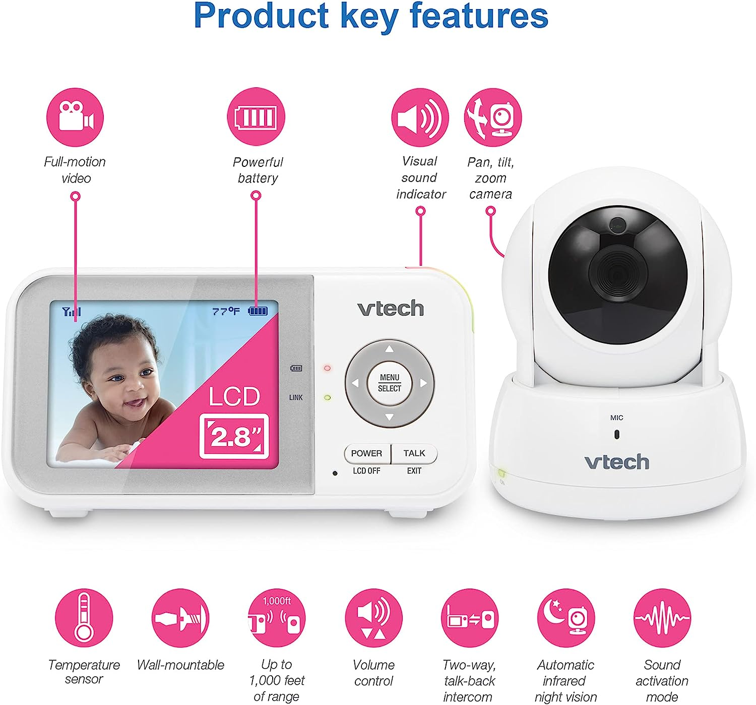 Vtech VM923 Video Baby Monitor with 19-Hour Battery Life, 1000Ft Long Range, Pan-Tilt-Zoom, Enhanced Night Vision, 2.8&rdquo; Screen, 2-Way Audio Talk, Temperature Sensor, Power Saving Mode and Lullabies image number 3