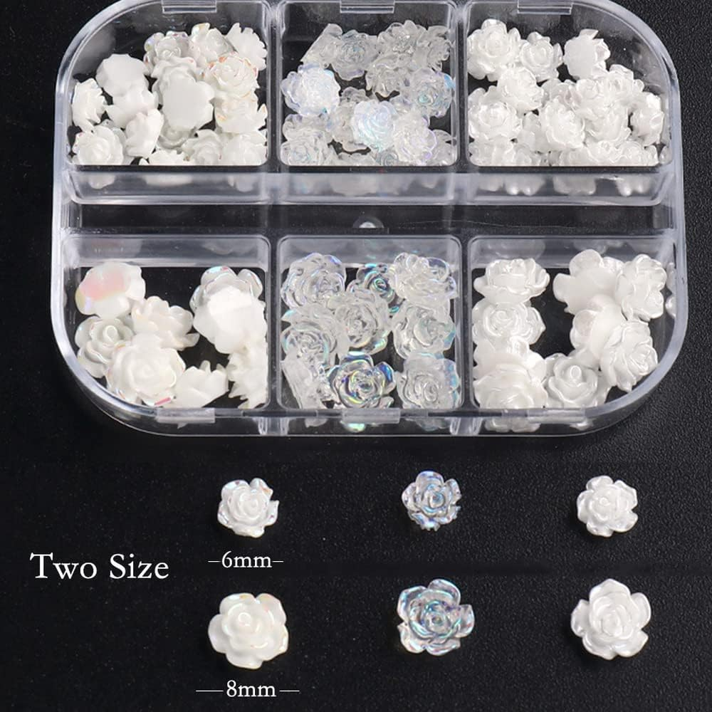 Woration Resin Nail Art Charms Decorations Decals 5D Nail Accessories Craft Ornaments Supplies White & Transparent Three-Dimensional Camellia Rose Flower 6 Grids image number 3