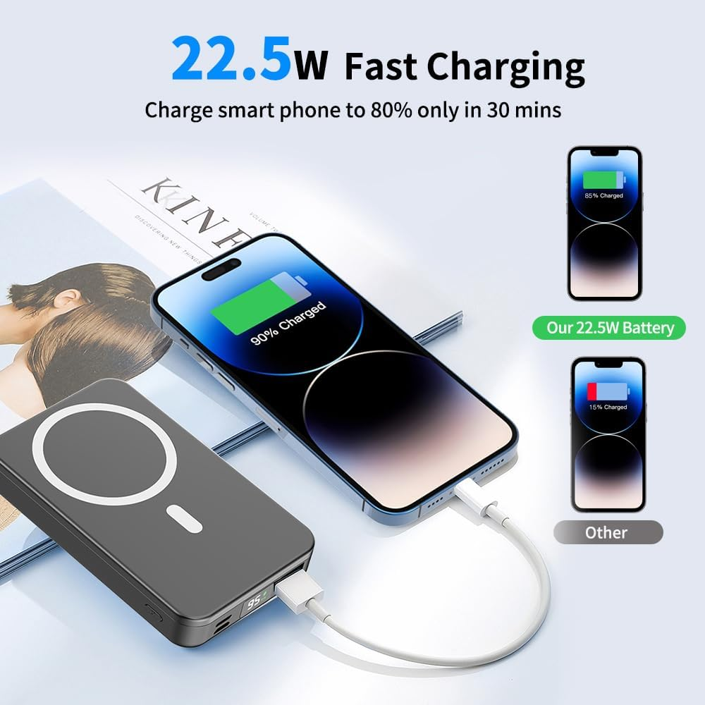 Magnetic Power Bank 20000Mah Portable Charger Wireless LED Display 22.5W Fast Charging Built in 2 Cables and Type-C/Lighting/Usb with Foldable Stand Compatible with Iphone 17 Cell Phone Series-Black image number 6