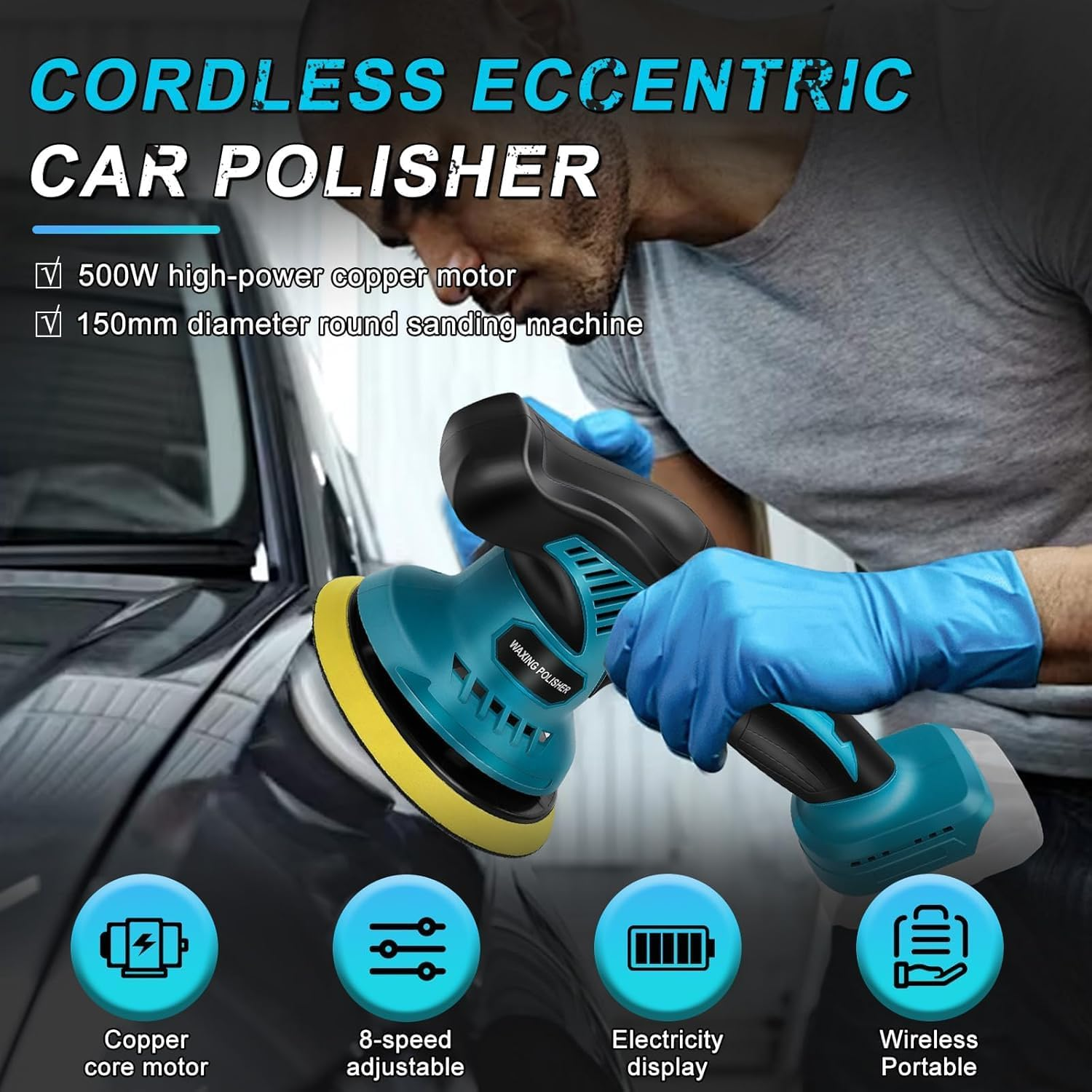 Cordless Car Buffer Polisher Machine Kit with 2PCS 21V 2.6Ah Rechargeable Batteries, 8 Variable Speed 2800-5500RPM, Portable Polishing Waxer for Detailing/Waxing image number 4