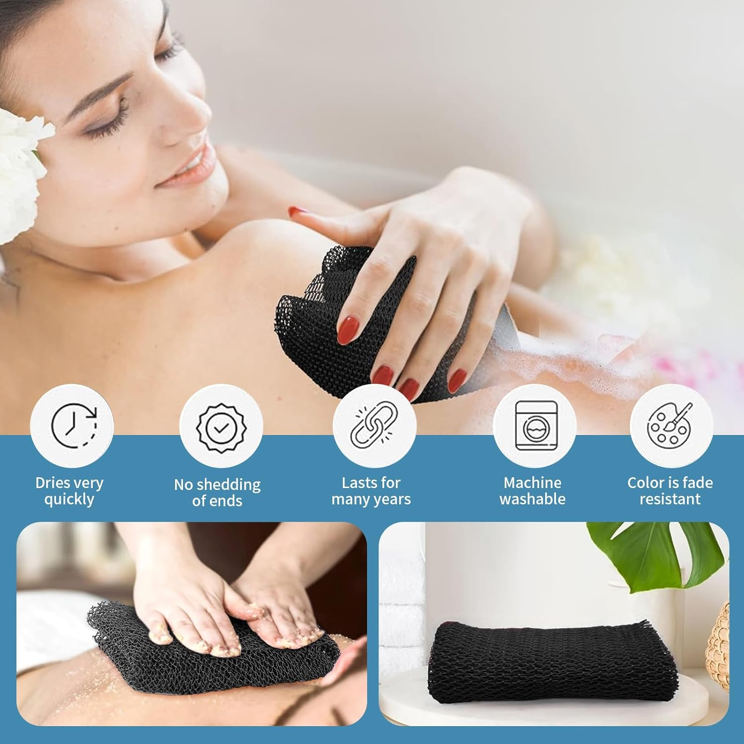 3 Pieces African Bath Sponge, Long Exfoliating Shower African Net, Body Back Scrubber Bath Scrubber Sponge for Skin Smoother, Exfoliating Bathing African Net Great for Men Women Daily Use (BK) - Be image number 4