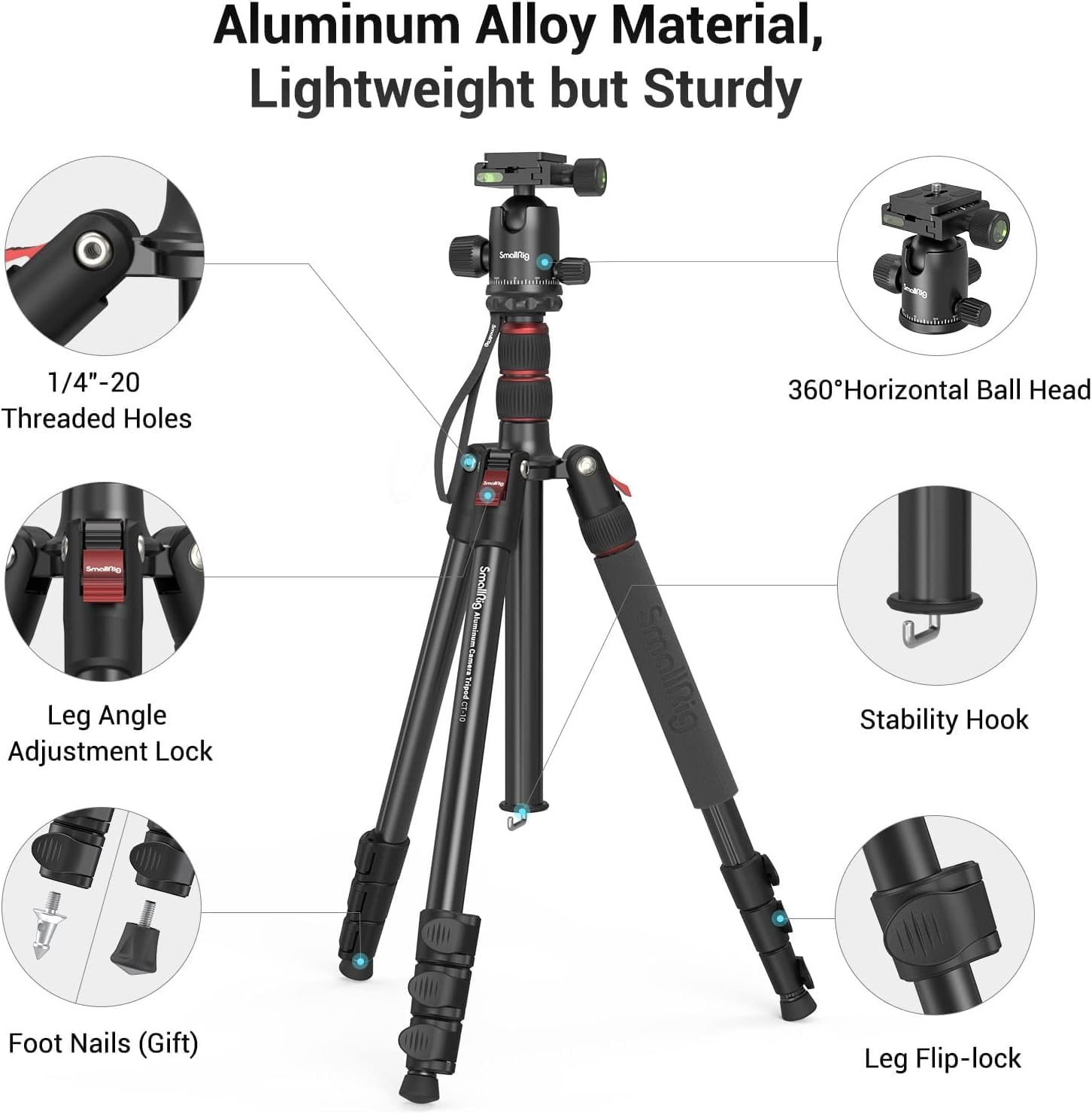Smallrig Carema Tripod, 78.7" Foldable Aluminum Tripod & Monopod with 360&deg;Ball Head Detachable and Quick Release Plate, Adjustable Height from 18.5" to 78.7" image number 3
