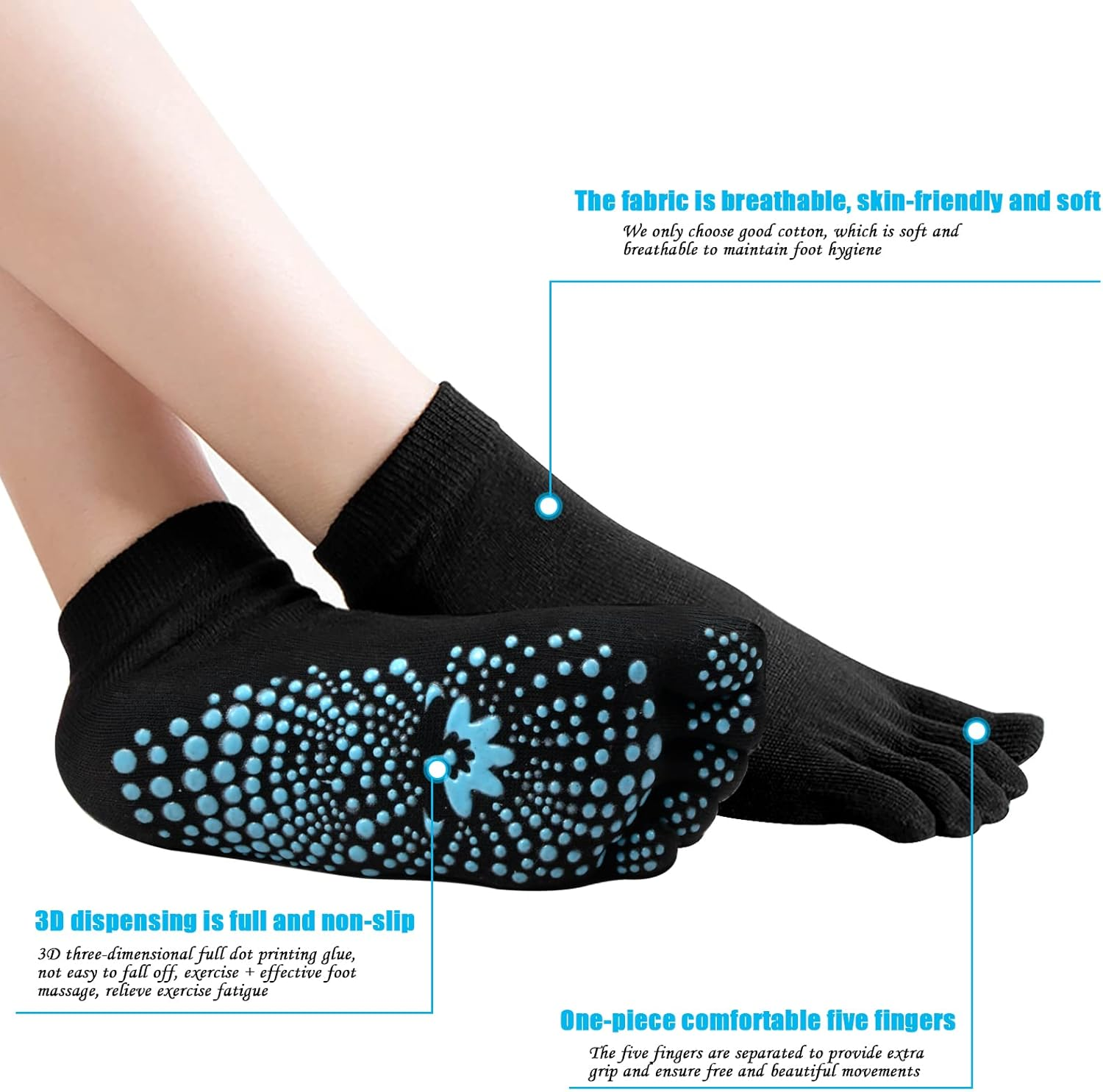 2 Pairs Anti-Slip Socks for Men and Women, Non-Slip Yoga Socks with Toes, Non-Slip Sports Socks for Home, Cotton Toe Socks for Pilates Barre Dance Hospital, Black + Gray image number 3