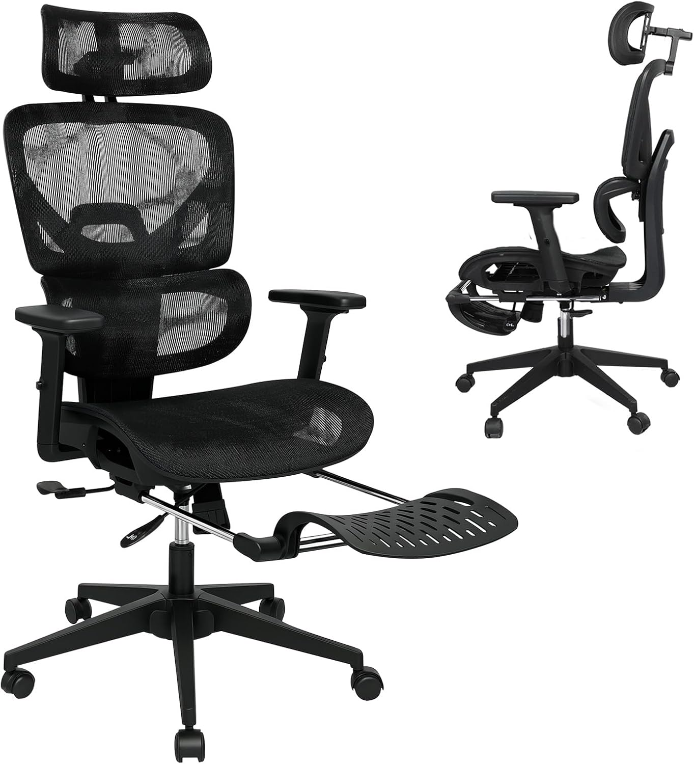LEVEDE Ergonomic Office Chair with Foot Rest, Mesh Office Chair 4D Adjustable Armrest and Office Chair Lumbar Support, 150Kg Capacity Reclining Wide Home Office Desk Chairs(Black)
