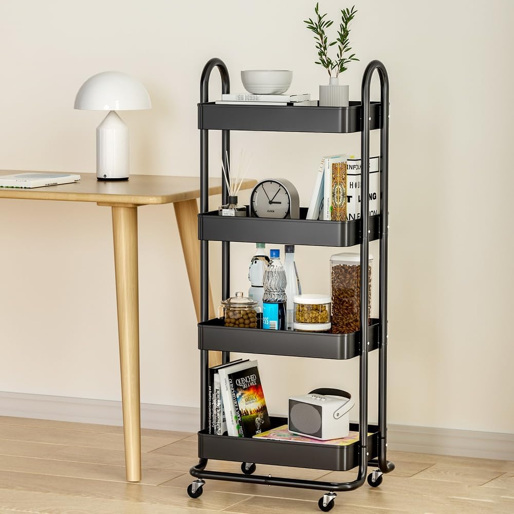 Artiss Storage Trolley Kitchen Cart 4 Tiers Rack Shelf Frame Organiser Black