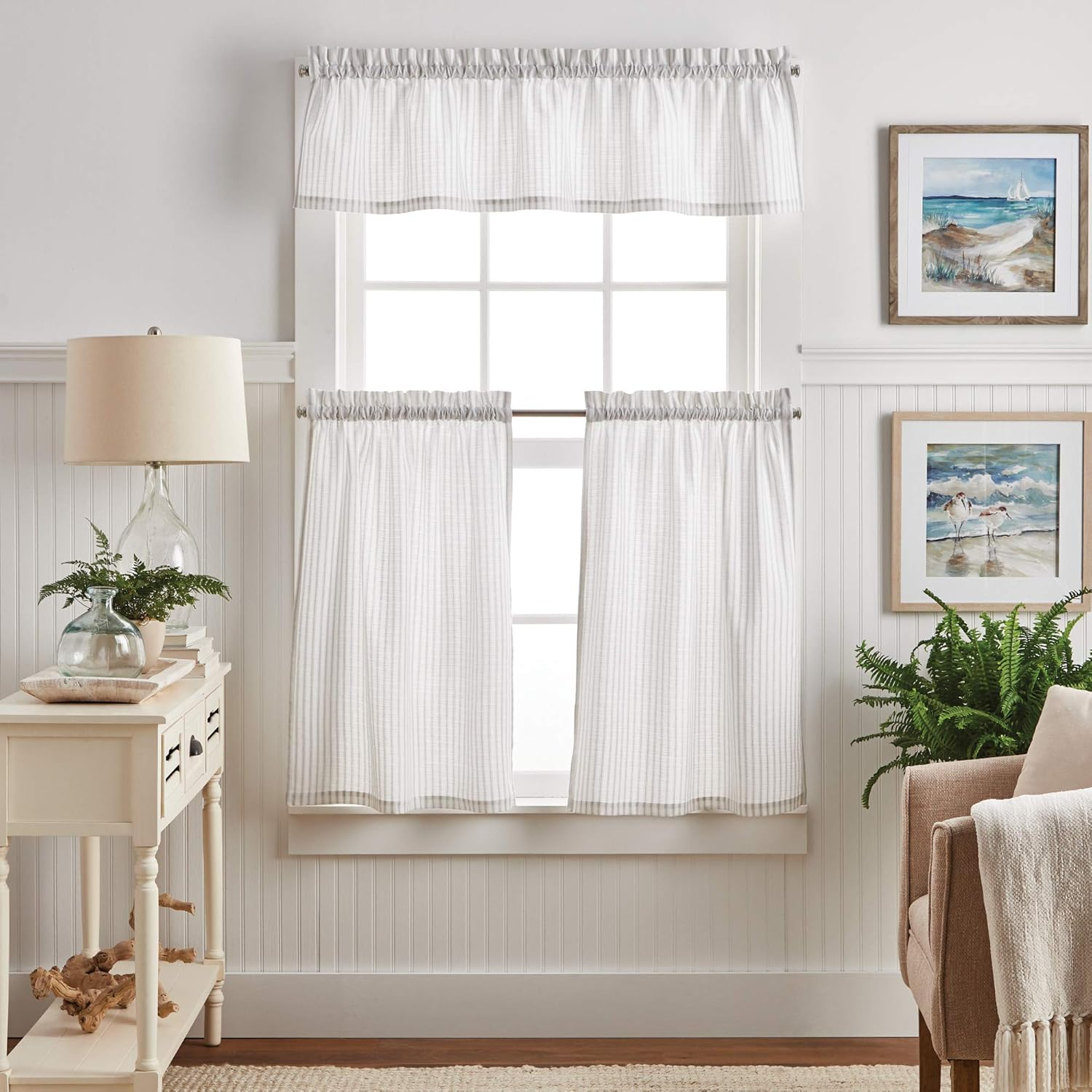 MARTHA STEWART Ticking Stripe Blackout Lining Rod Pocket/Back Tab Window Curtain Panel Pair, 84", White/Indigo
