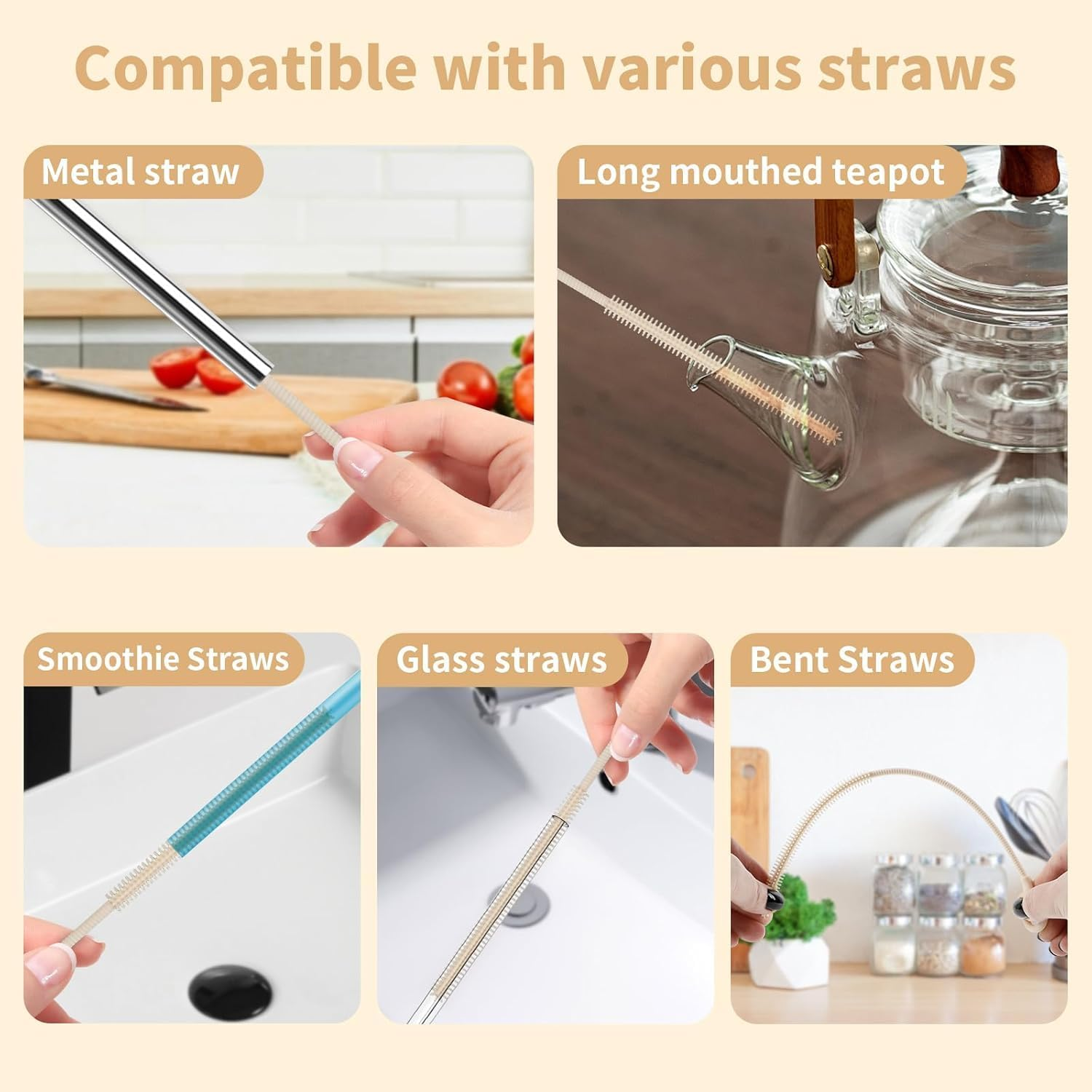 Silicone Straw Cleaner Brush Set - 2PCS Extra Long Reusable Straw Brushes for Glass, Metal & Smoothie Straws - Food Grade Bpa-Free with Non-Slip Handle (6Mm+9Mm, Beige) image number 4
