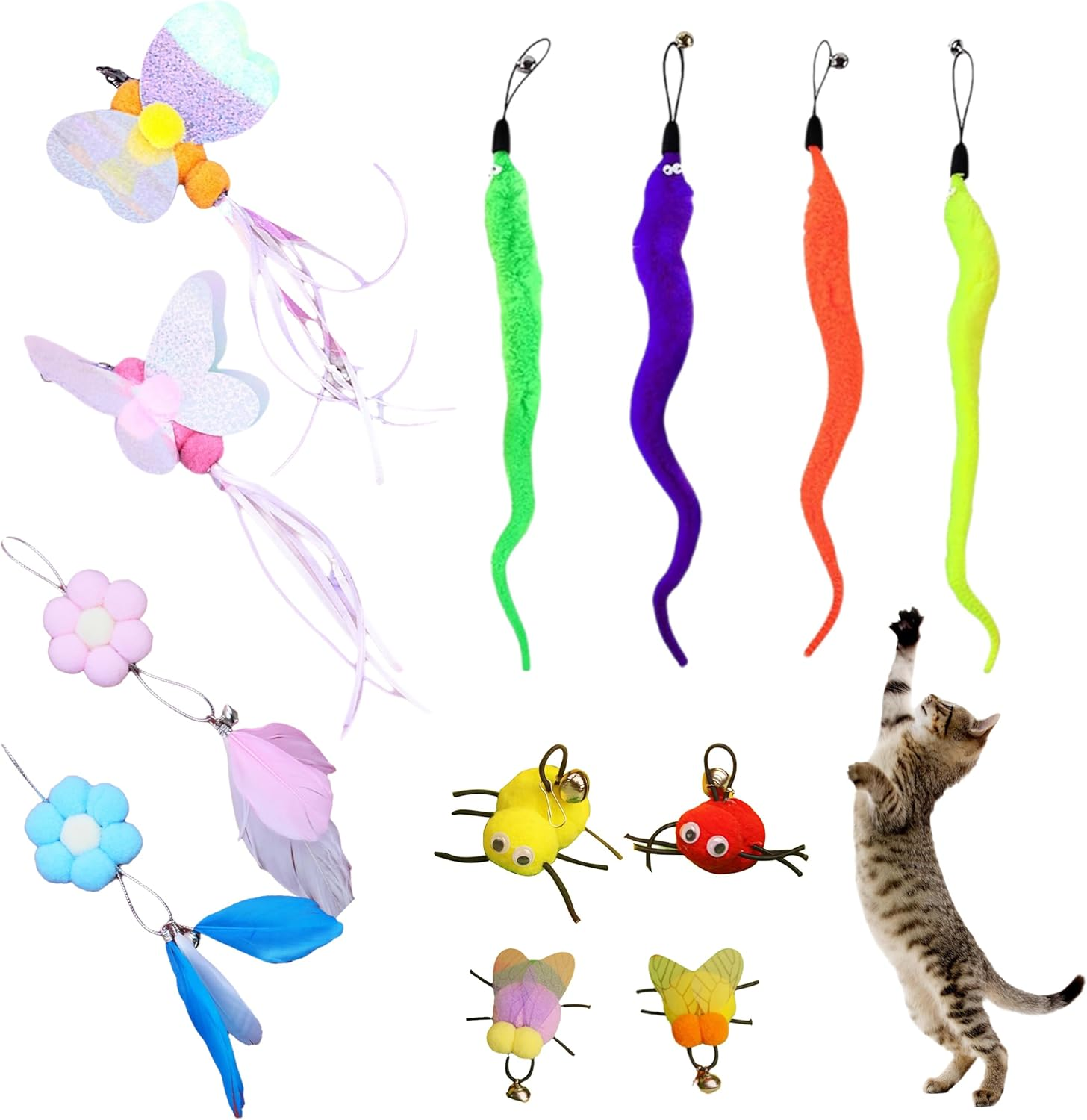 12Pcs Cat Wand Attachments, Various Styles Cat Worm Toy Refills with Bell, Multicolor Cat Feather Toys Refills Interactive Teaser Toy Refill Cat Feather Toys Replacement for Indoor image number 2