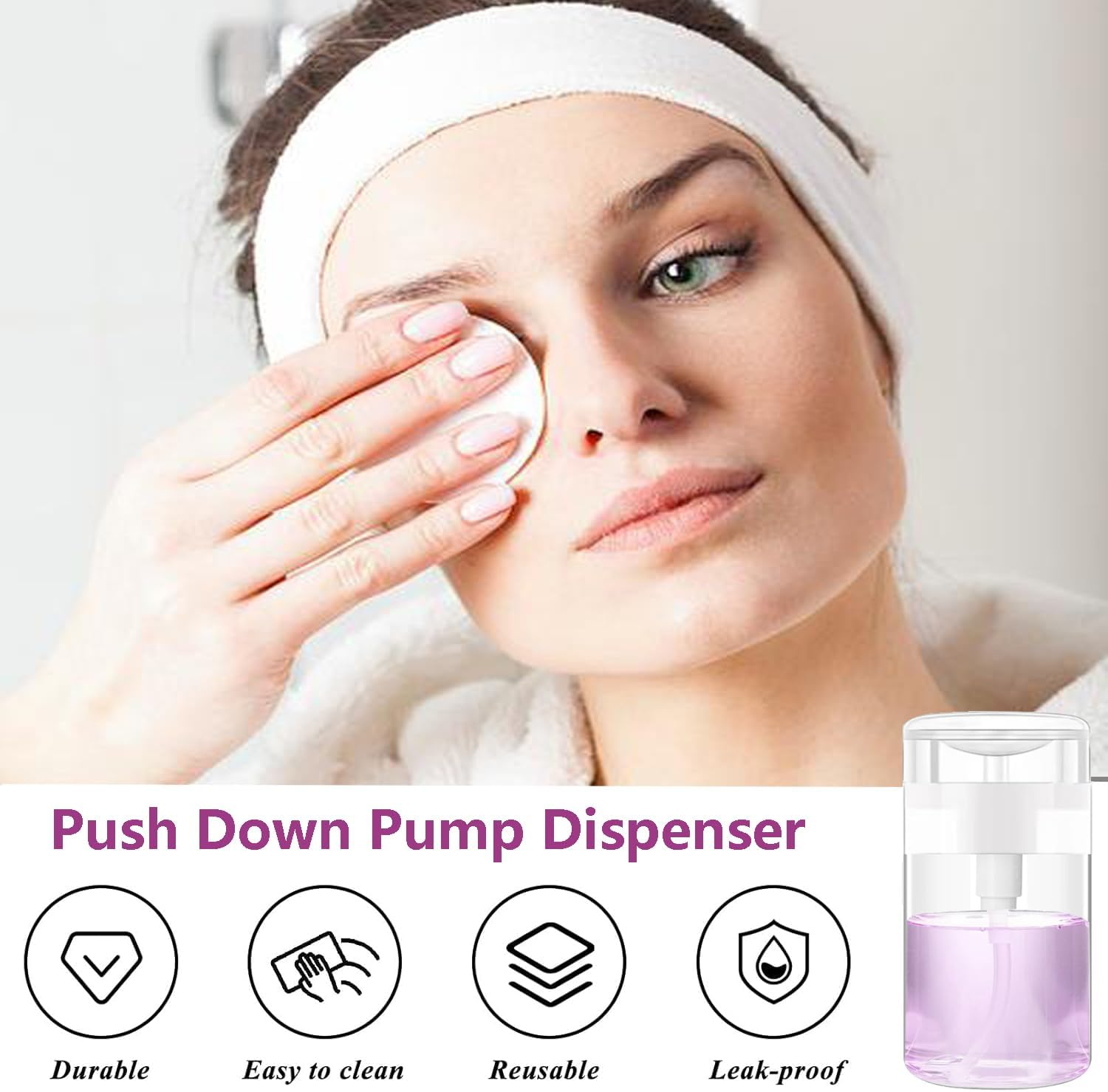 Push down Pump Dispenser 3Pack Nail Polish Remover Pump Bottles Alcohol Acetone Dispenser Clear Empty Pump Dispenser for Makeup Remover Travel Bottles with Stickers image number 3