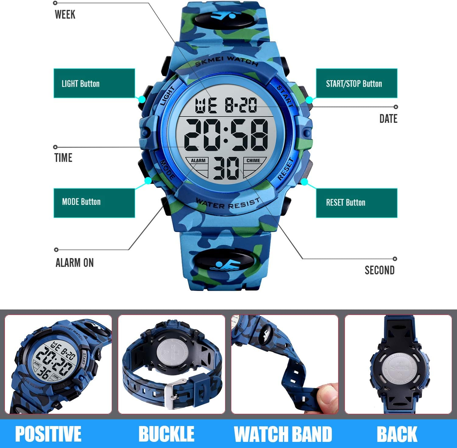 Kids Watch Boy Multi Function 50M Sports Waterproof LED with Alarm Wrist Stopwatch 12H/24H Watches for Boy Girls Digital Children Watch image number 1
