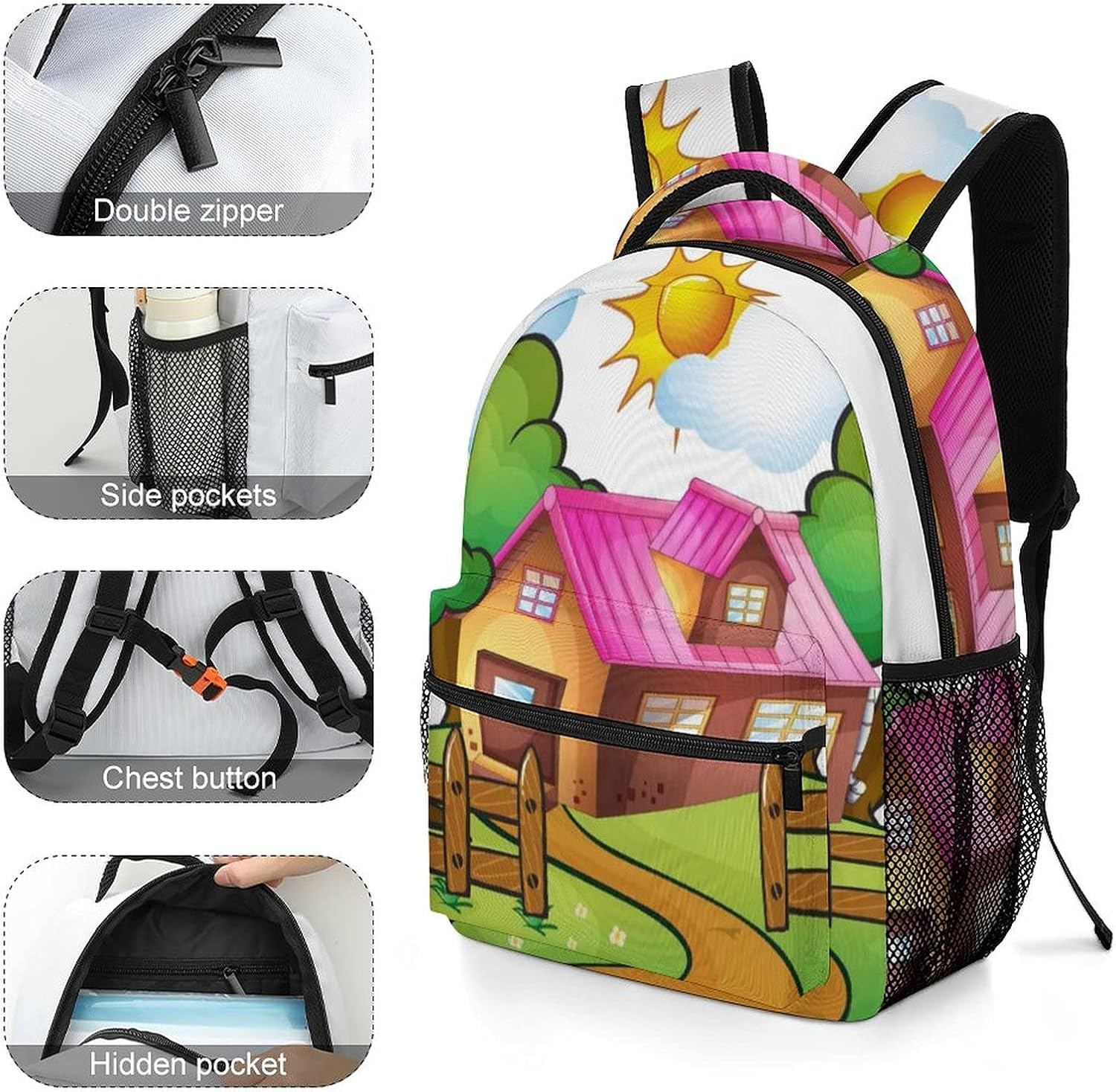 Oxford Cloth Children'S Backpack Funny a House Vector School Backpack for Girls,Adjustable Shoulder Waterproof image number 2