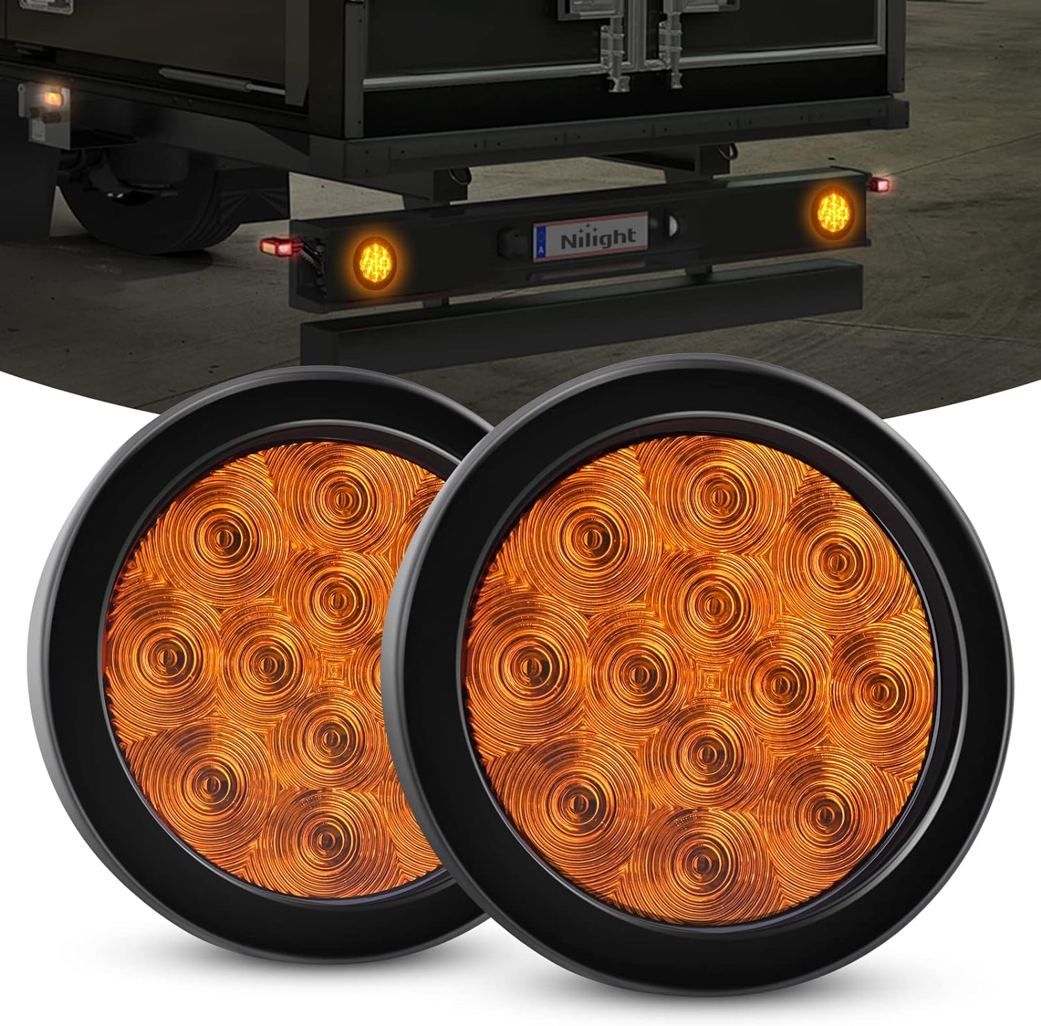 Nilight 2Pcs LED Trailer Tail Lights 4Inch 12LED round Amber Turn Signal W/Surface Mount Grommet Plugs IP67 Park Stop Brake Marker Light for RV Truck Trailer Jeep UTE UTV 12V image number 4