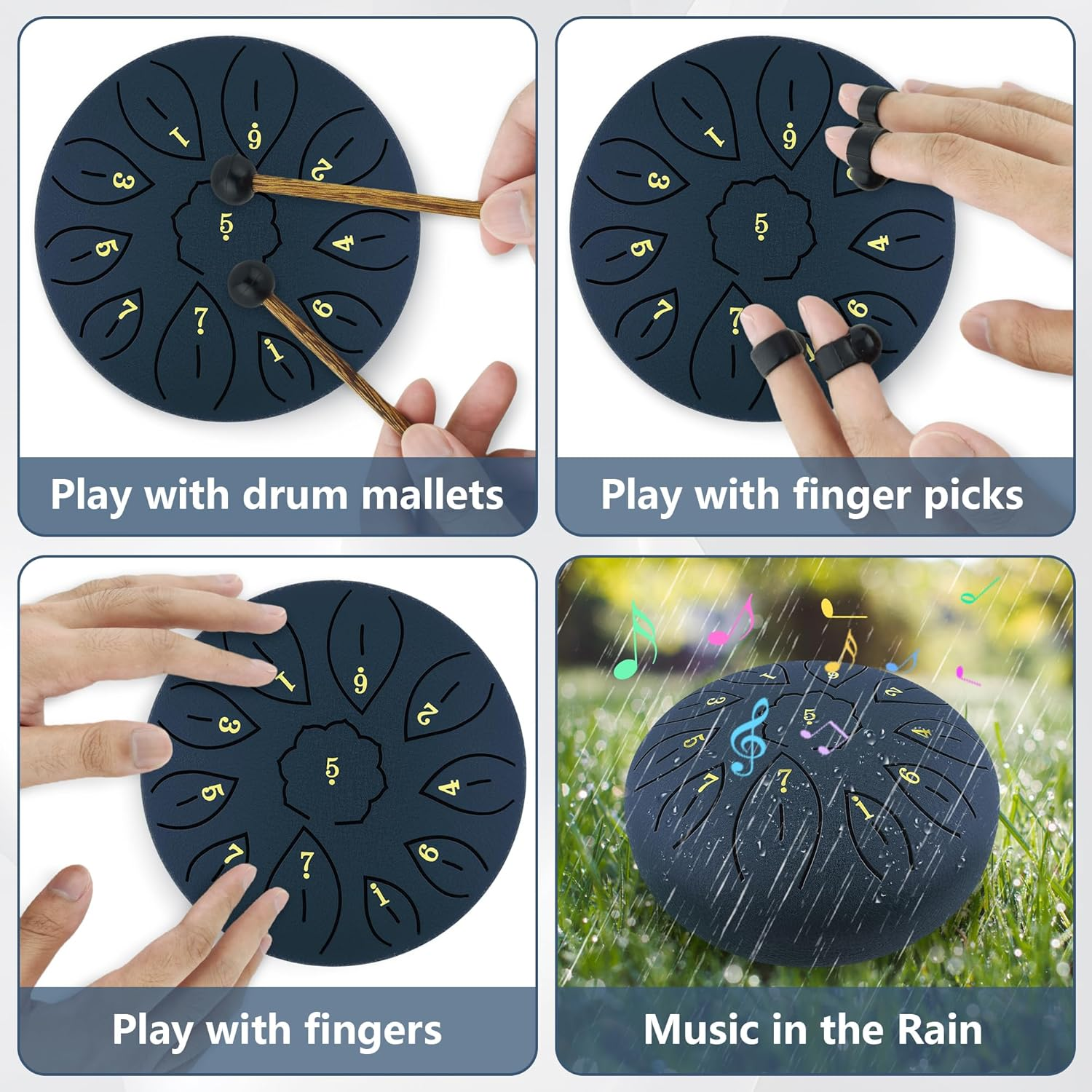 Oun Nana Rain Drum for outside When It Rains, 6 Inches 11 Notes Steel Tongue Drum with Drumsticks, Holder, Finger Paddle, Music Book, Travel Bag, Waterproof Echos Drum Rain Chimes for outside Garden - Black image number 7