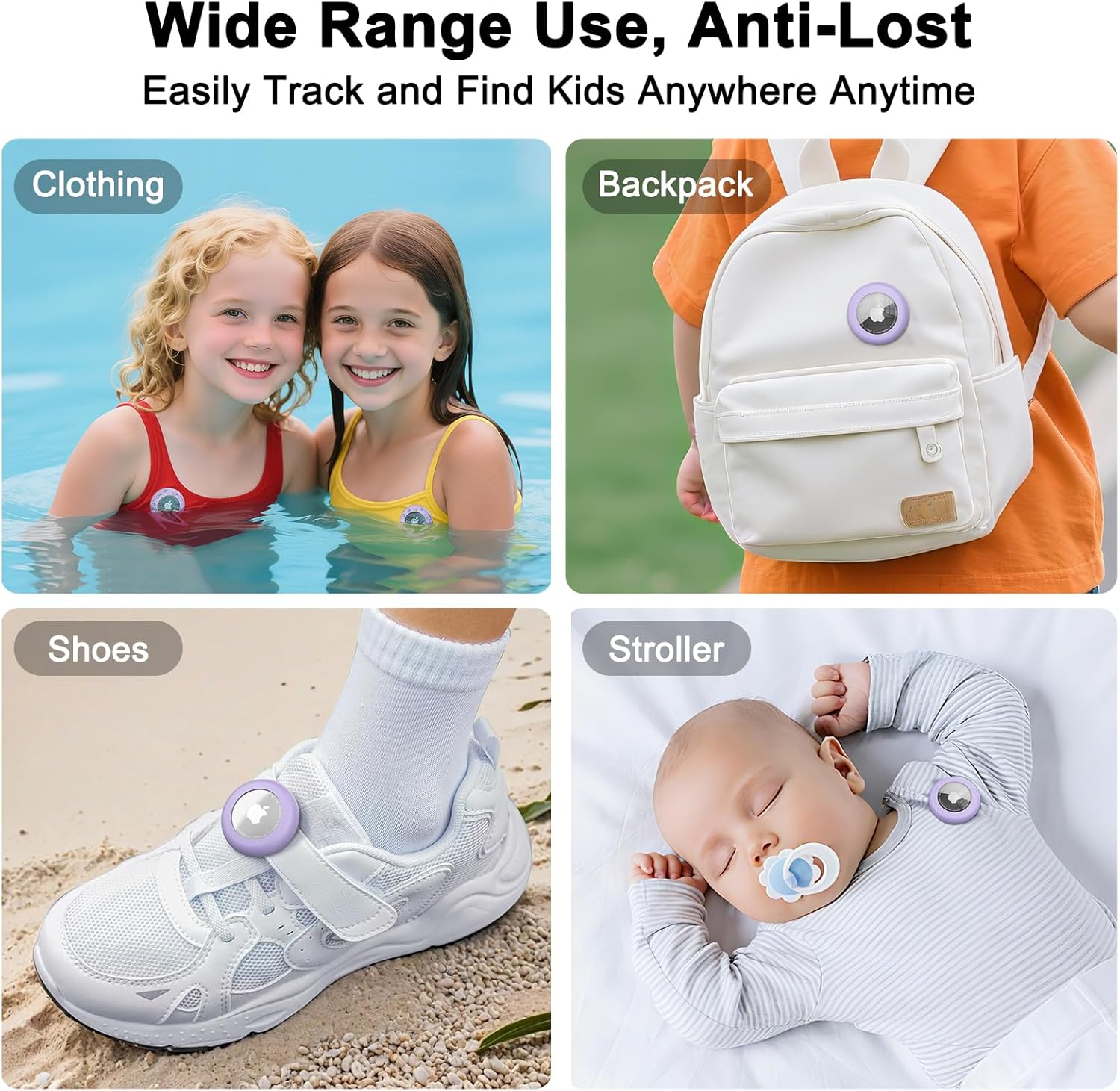 4 Pack Cases for Apple Air Tag Holder, Soft Silicone Air Tag Case for Kids with Invisible Pin, Safety Pins Hidden inside Clothes,Backpack, GPS Tracker Holders for Children Elderly - Black+White+Deep Blue+Dark Grey image number 2