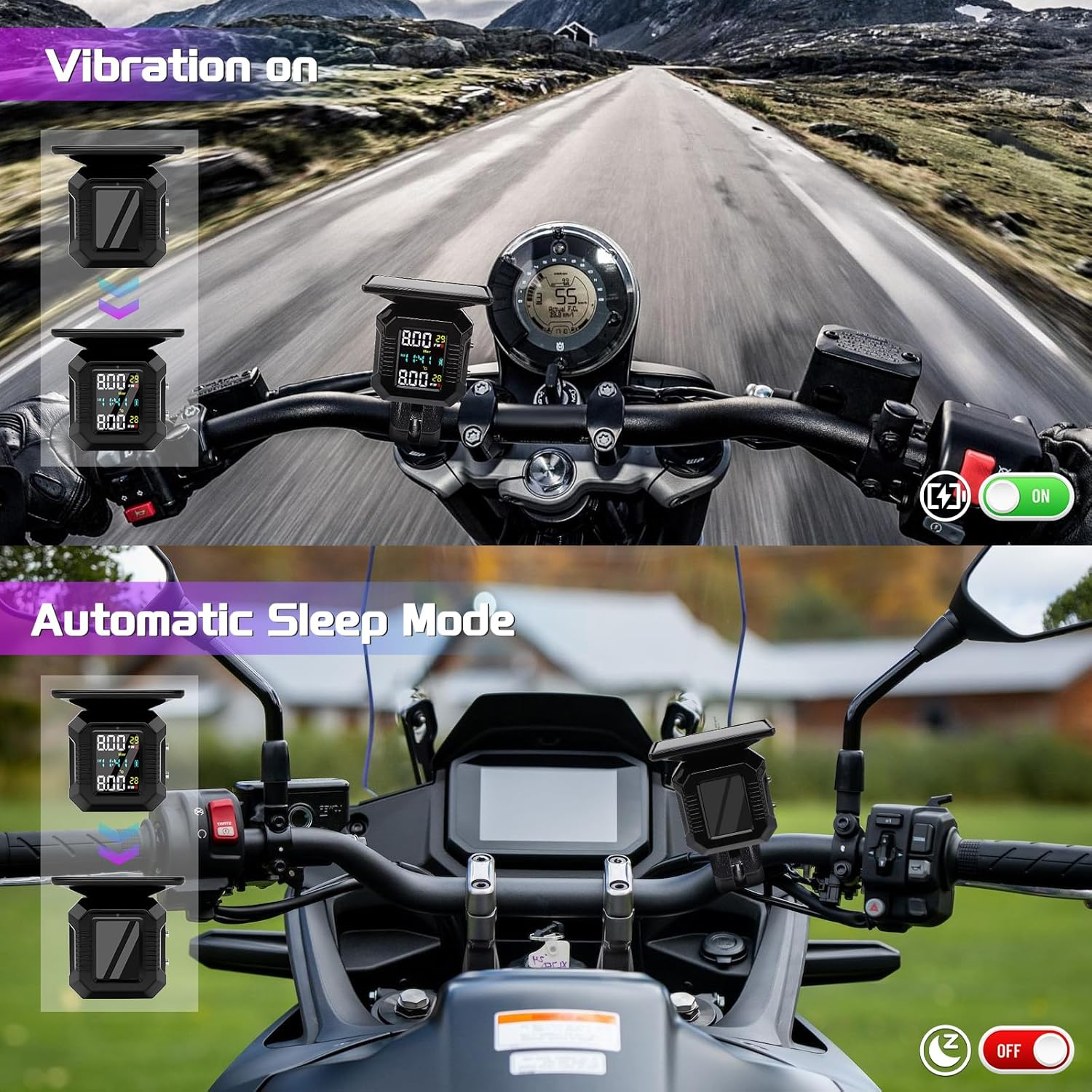 Motorcycle Tyre Pressure Monitoring System, Motorcycle TPMS with 2 External Sensors, LCD Display, USB Charging, IP67 Waterproof, Motorbike Tyre Pressure Monitor System, Two-Wheeled Motorcycle TPMS image number 5