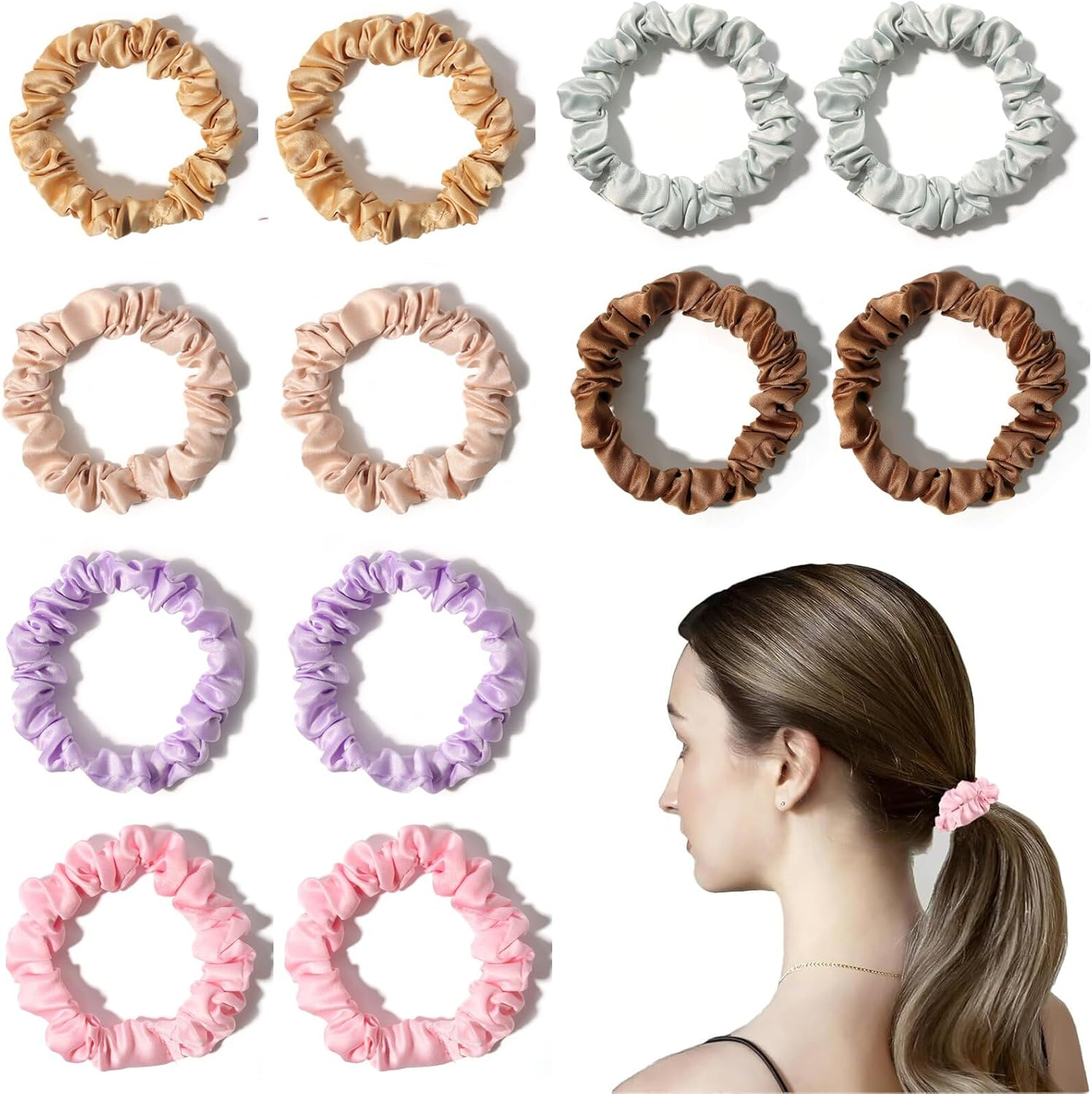 NAMIC Pack of 12 Lolalet Hair Bobbles Silk Scrunchies for Women, 6 Colours, Plain, Elastic Ponytail, Hair Bobbles for Everyday Use, Elastic Hair Bobbles, Soft Braid Elastics image number 1