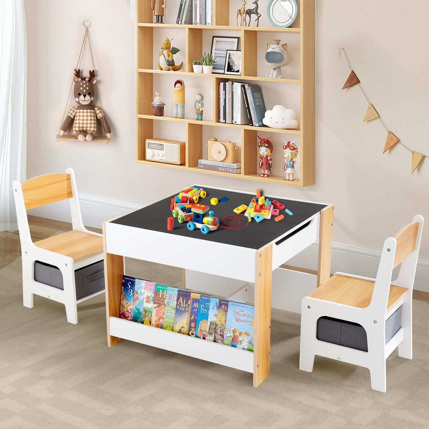 Kids Table and Chairs, 3 in 1 Wooden Activity Table with Storage, Reversible Tabletop, Chalkboard for Crafts, Drawing, Reading, Toddler Table and Chair Set for Playroom, Easy to Clean image number 3