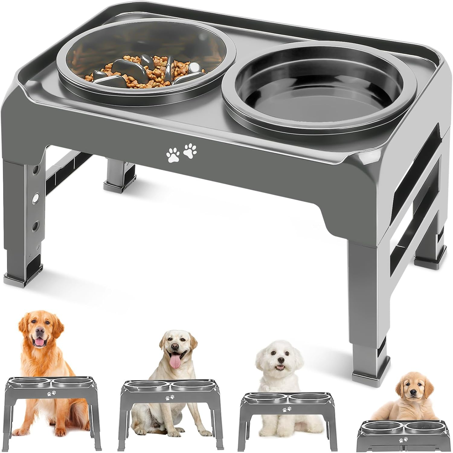 COMESOON 2-In-1 Elevated Dog Bowls Slow Feeder for Large Breed Medium Sized Dogs, 4 Height Adjustable Raised Dog Bowl Stand for Food and Water, Non-Slip Dog Feeder, Black