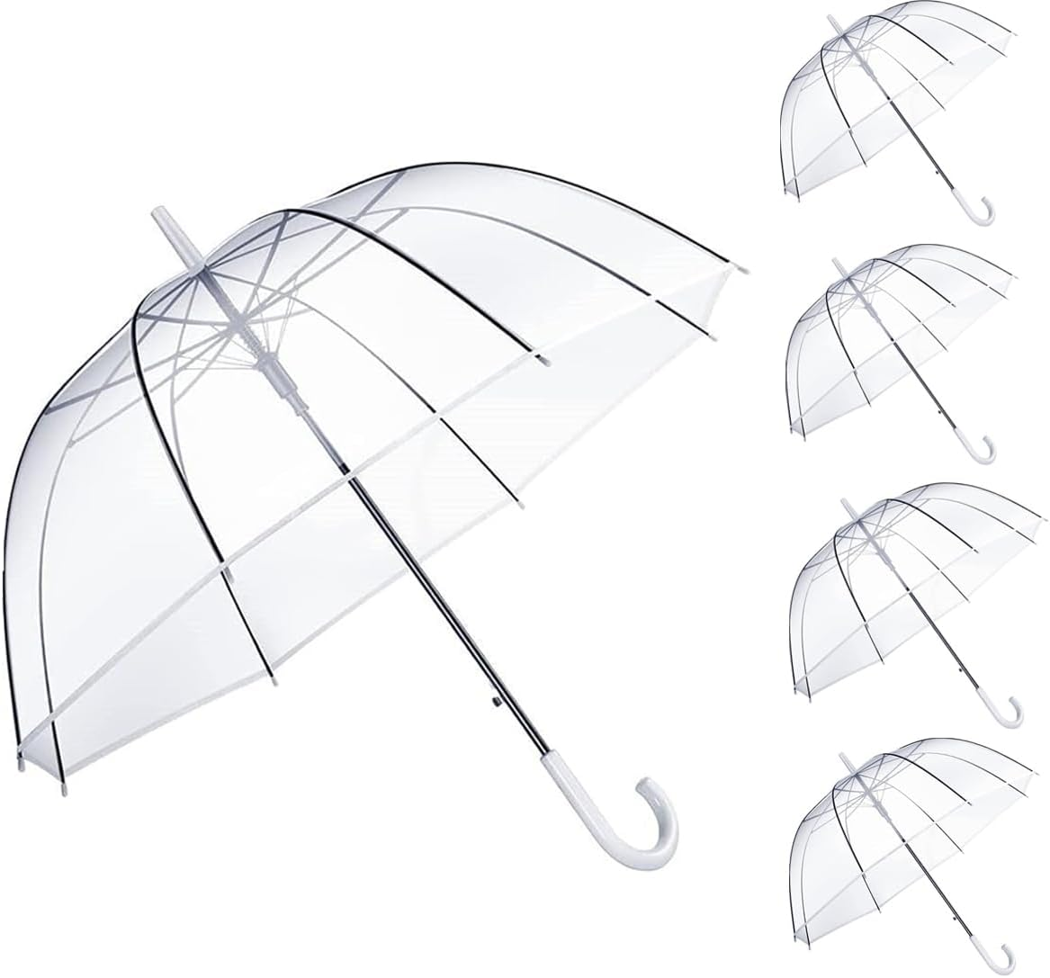 5 Pieces Clear Wedding Umbrella Automatic Open Rounded Umbrella Windproof Bubble Umbrella J Handle Large Canopy Stick Umbrella for Bride Groom Photography Rain Ceremony,White Transparent Umbrella image number 6