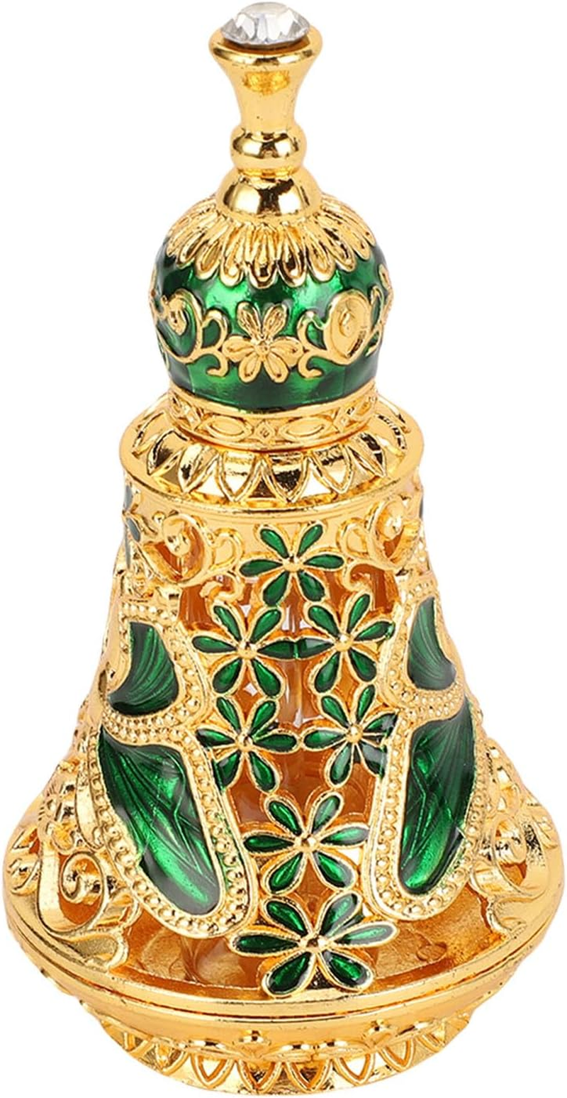 Haofy Pattern Vintage Refillable Perfume Bottle Middle Eastern Style Oil Bottle, Zinc Alloy Material Suitable for Essential Oils, Fragrances, Liquid Cosmetics Vintage Perfume Bottle (Gold+Green)