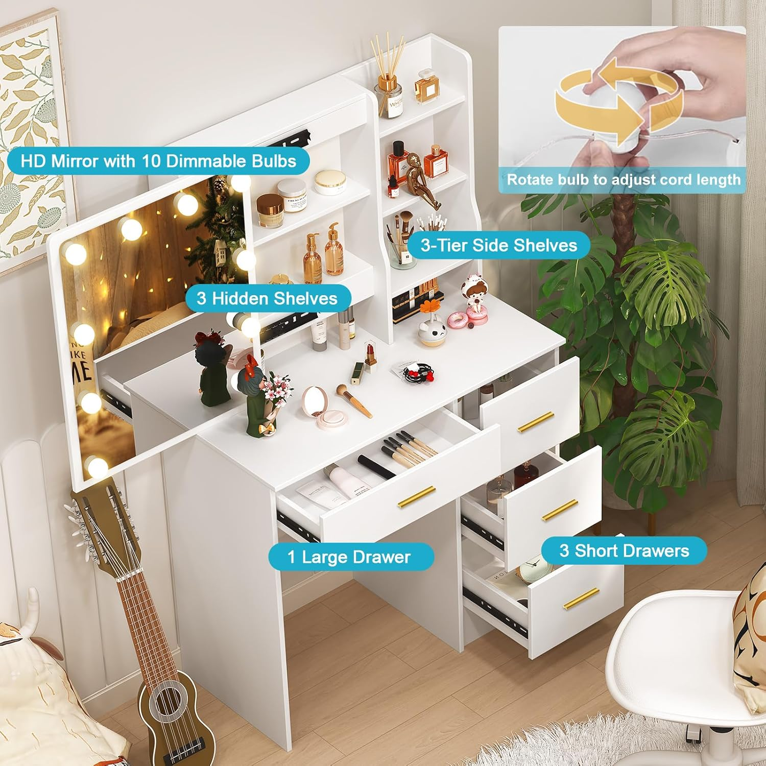 Makeup Vanity Desk with Lights, White Dressing Table with Sliding Lighted Mirror, Small Vanities Makeup Table with Storage 4 Drawers 7 Shelves, Teen Girls Vanity for Bedroom, Golden Knobs image number 5