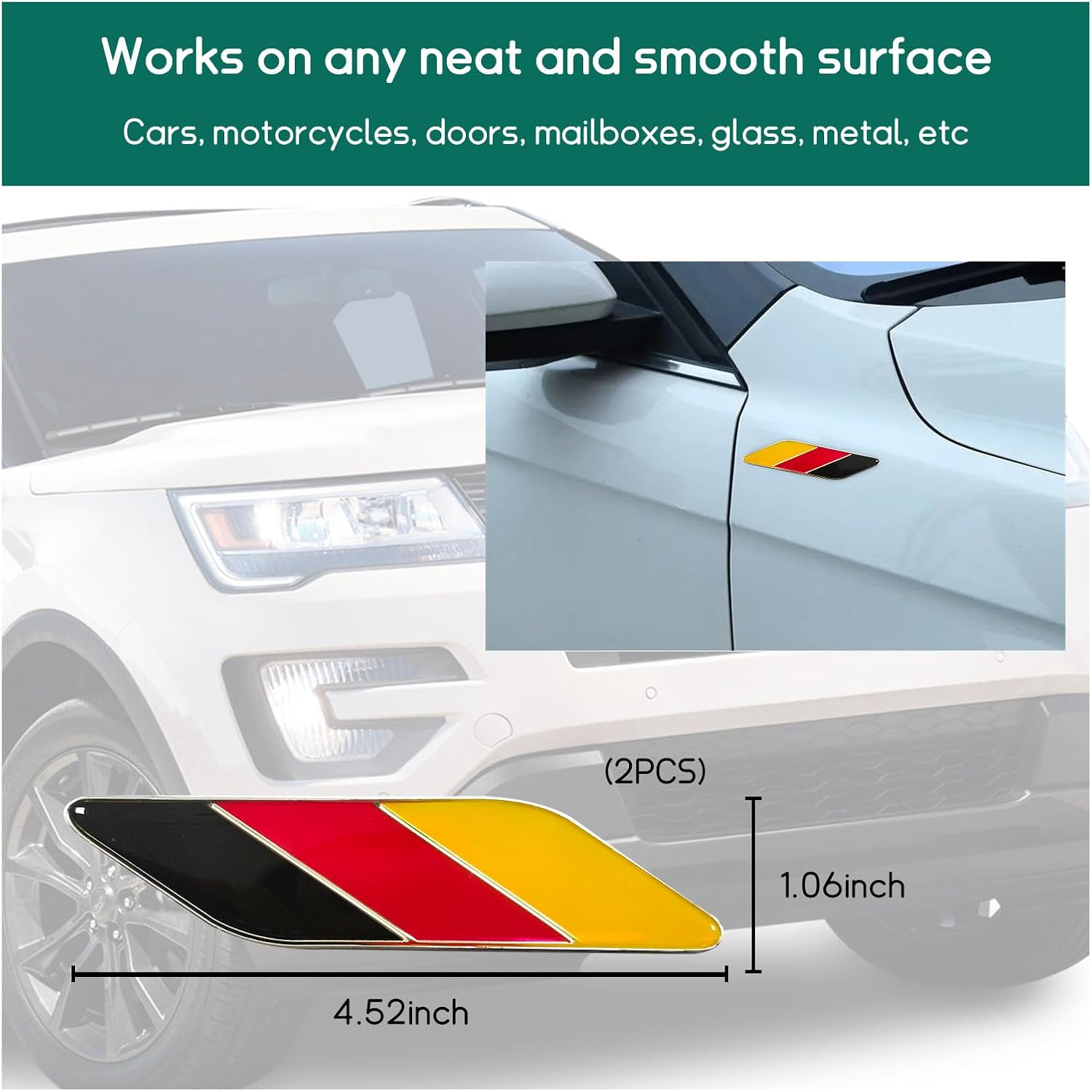 Dickno 2 PCS 3D Tricolor Flag Emblem, Aluminum Car Front Fender Badge Sign Emblem, Auto Stickers and Declaration Decals, Universal Exterior Decor Accessories for All Vehicles (Germany) - Multi-Coloured image number 2