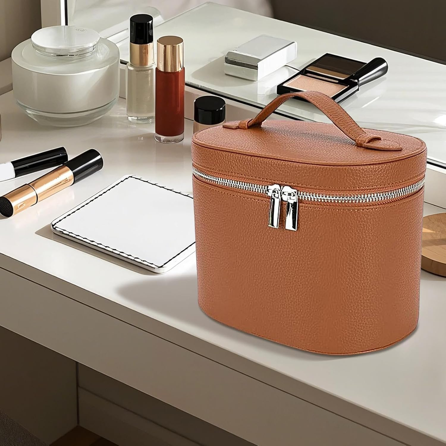 Makeup Bag, PU Leather Vanity Case with Removable Divider, Large Capacity Portable Cosmetic with Multi Pockets, Waterproof Make up Case with Handle and Zipper, Travel Makeup Bag