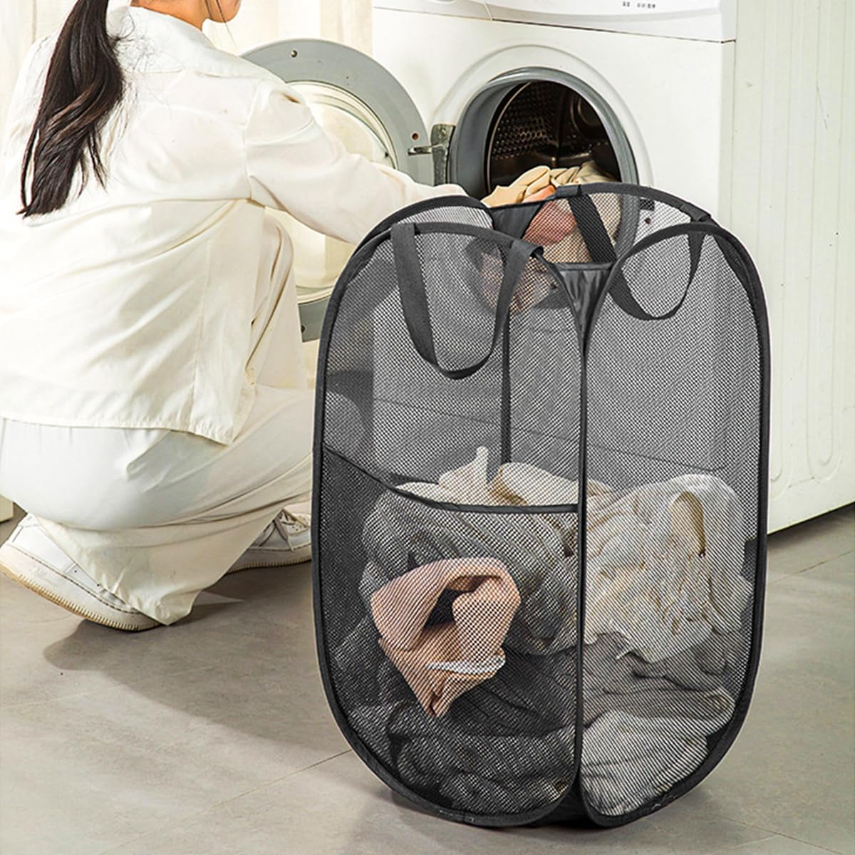 NUZAMAS Mesh Pop up Laundry Hamper Basket Foldable Large Laundry Hamper with Side Pocket Dirty Clothes Basket with Handles for Bathroom Bedroom College Dorm Black image number 3