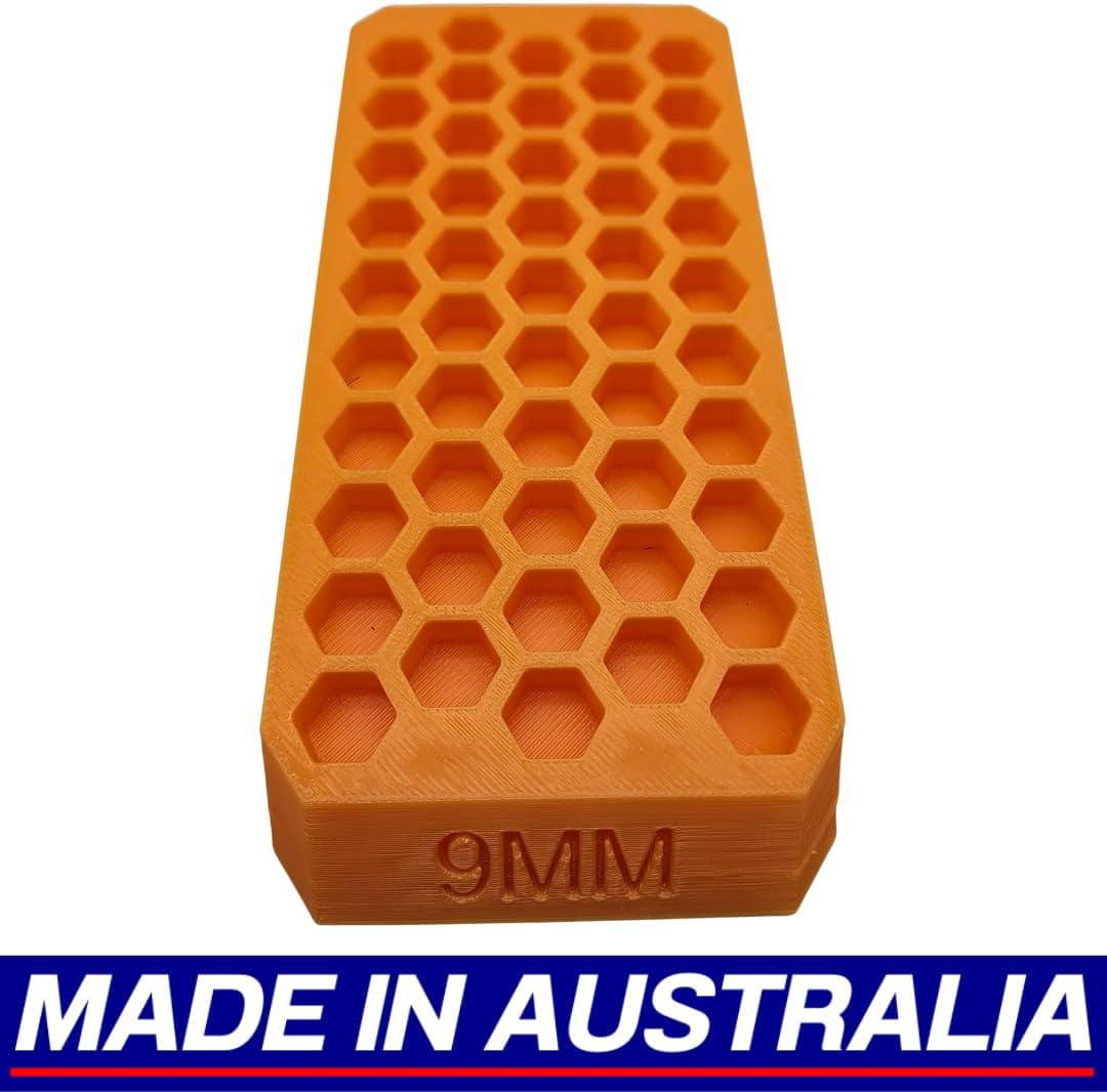 9Mm Reloading Block Ammo Stand Ammunition Loading Tray - 50 round Capacity - Brass Cartidge Bench Tool- Australian Made - Orange image number 1