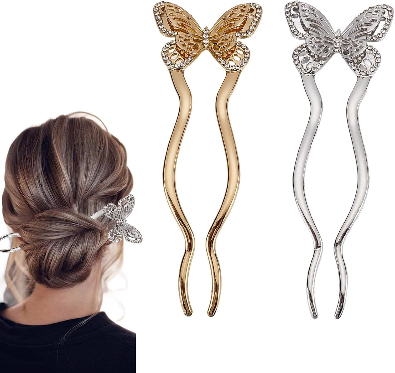 NICENEEDED 2 PCS Vintage Butterfly Hairpins, U-Shaped French Twist Alloy Hair Forks, Silver Gold Double Prong Hair Accessories for Wedding Party Holiday Daily image number 1