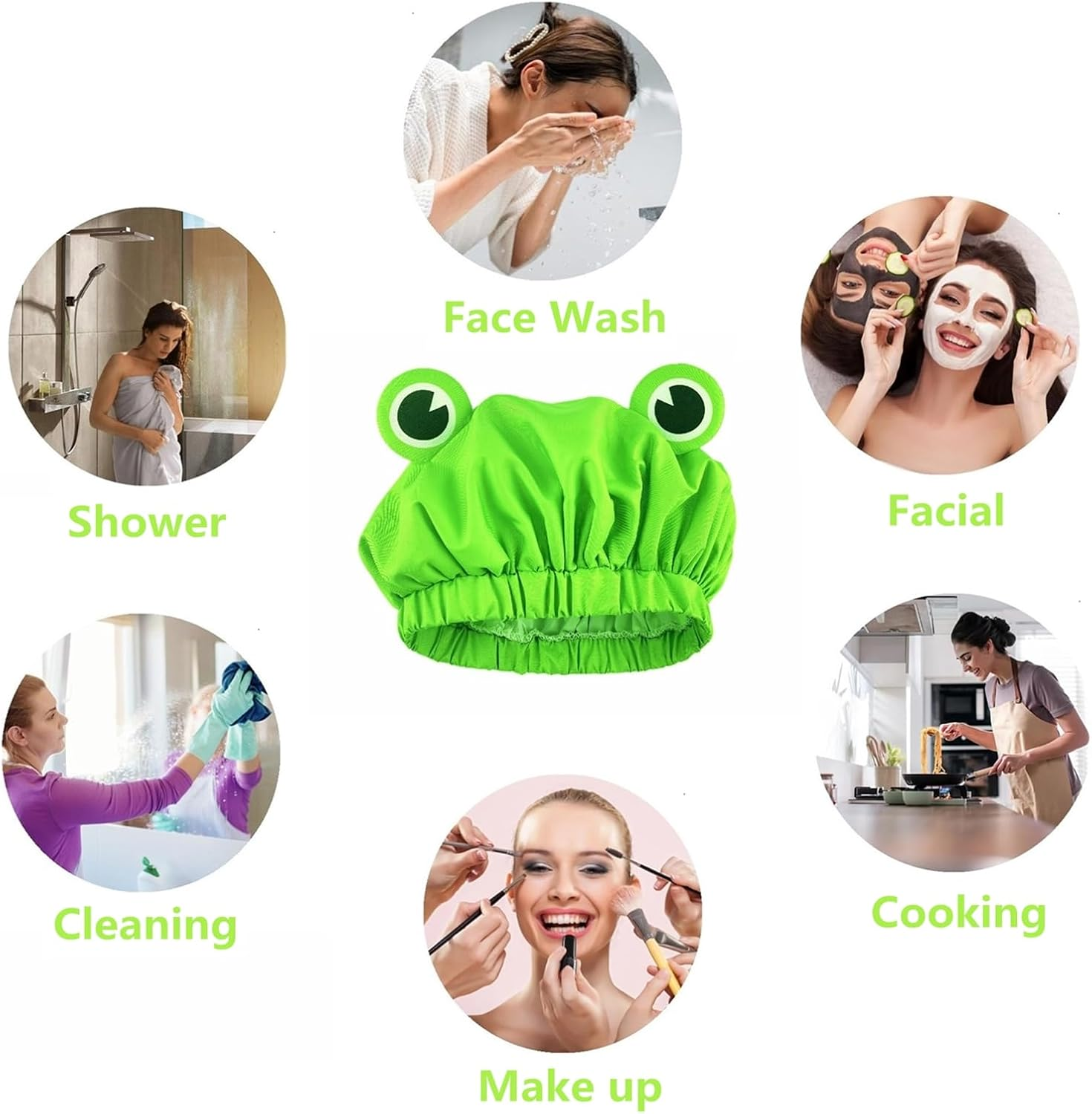Lamame Shower Cap, Waterproof Reusable Double Layers Bath Cap Elastic Band Hair Cap Green Frog Shower Cap for Women Ladies Spa Salon, Small image number 1