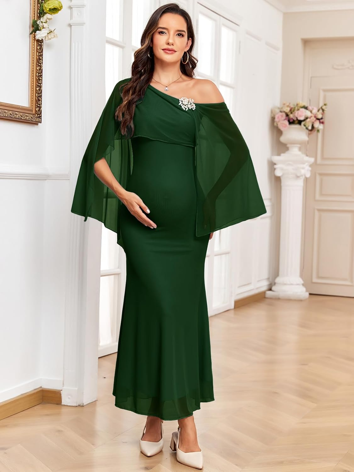 Cape Maternity Mesh Dress One Shoulder Maxi Mermaid Pregnancy Dress with Brooch Formal Baby Shower Photoshoot image number 5