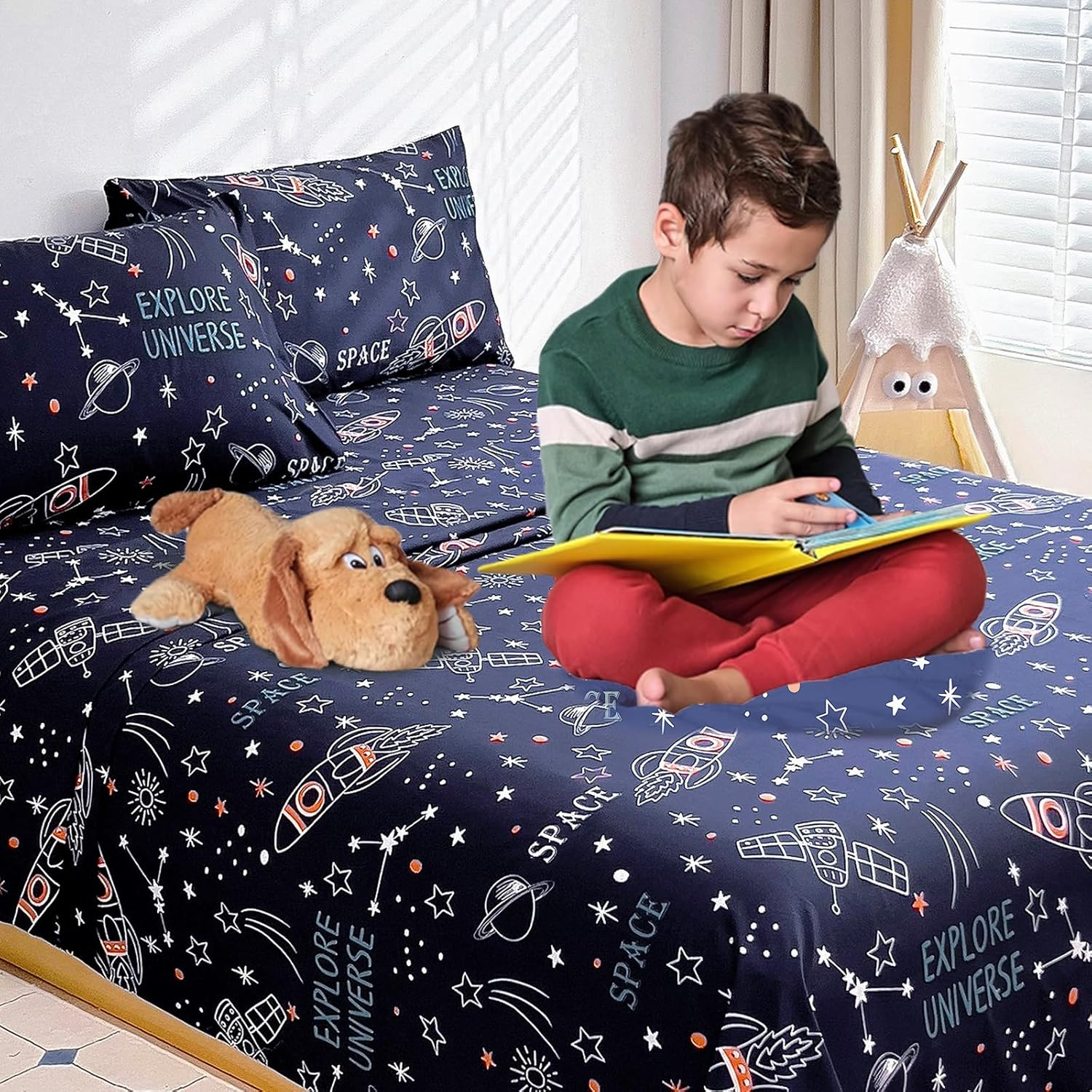 Homilay Kids Queen Sheet Sets - 4 Piece Space Rocket Bedding for Boys, Girls & Teens - Soft, Breathable Microfiber, Deep Pockets, Wrinkle-Free, Cozy Toddler Bed Sheets image number 2