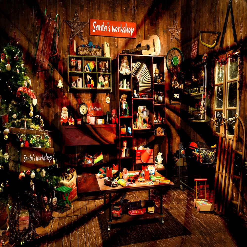 Christmas Santa'S Workshop Photography Backdrop Vintage Rustic Wood House Cottage Gift Xmas Tree Decoration Background Kids Indoor Portrait Photo Studio Photobooth Props 7X5FT CEM251B image number 4