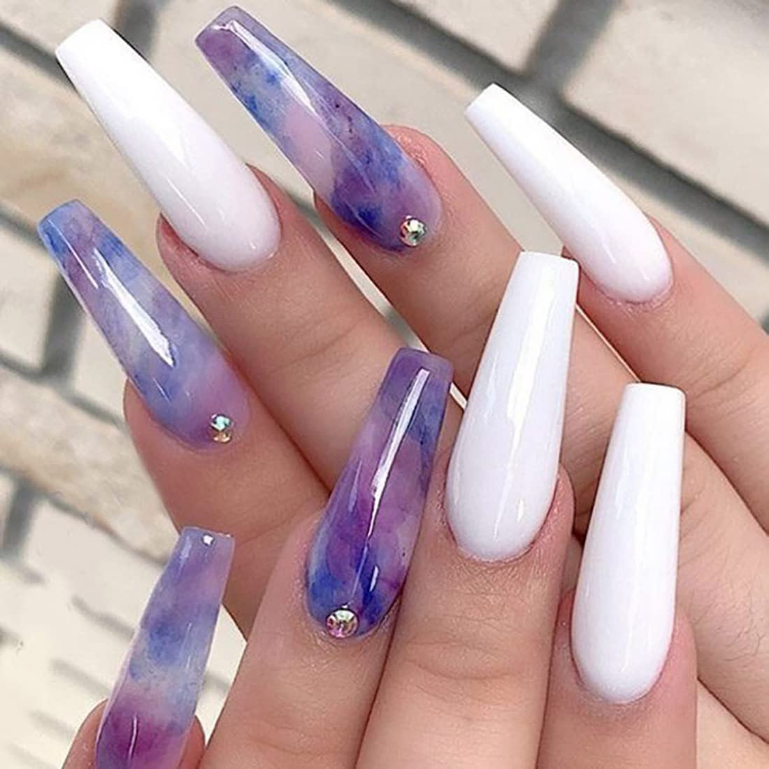 Fake Nails Long Coffin,Glossy Gradient Ballerina Blue False Nails with Rhinestone Design Full Cover Stick on Nails for Women and Girls 24 PCS image number 3