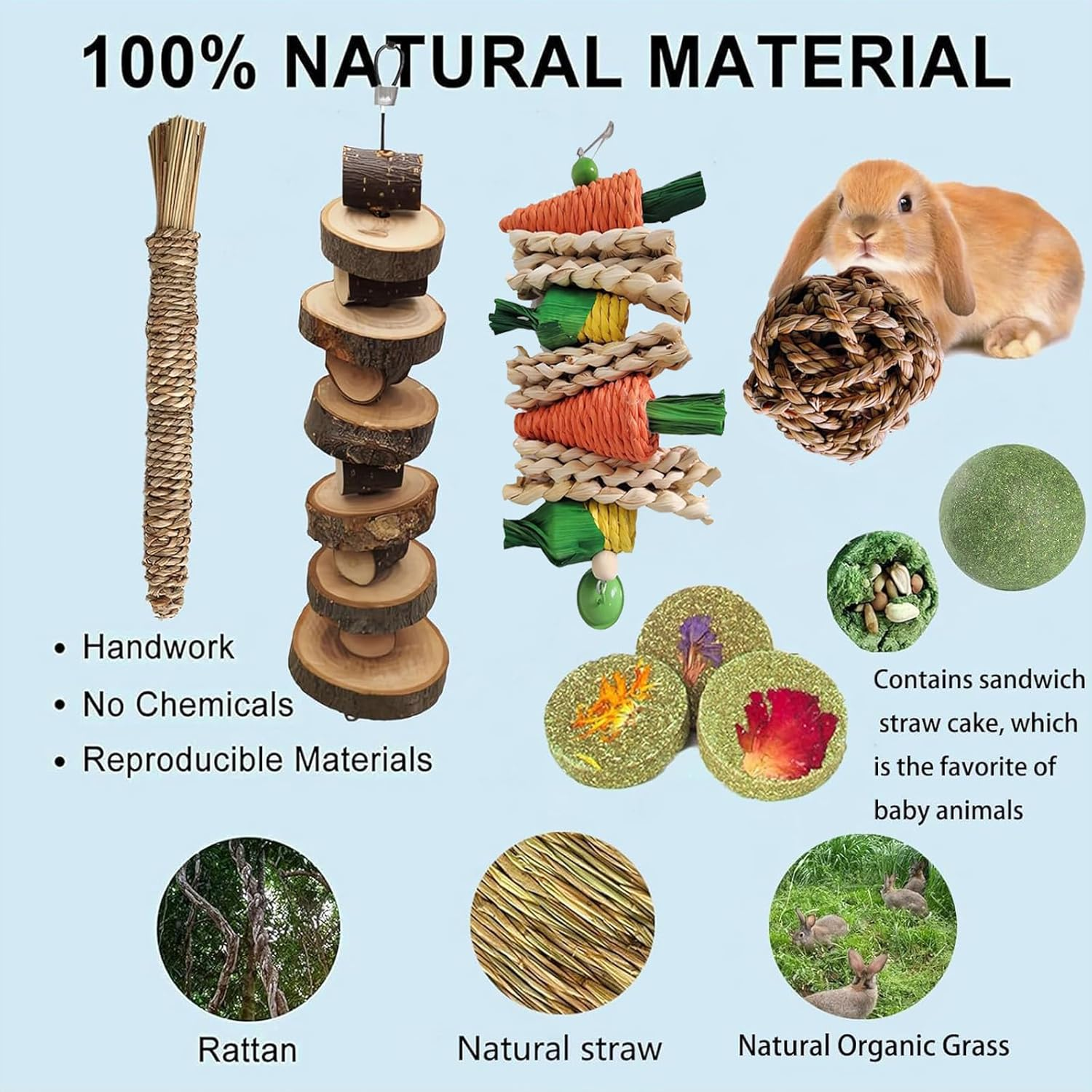 Rabbit Chew Toys, Natural Bunny Chew Toys, Hamster Chew Toys Set, Small Pets Teeth Care Molar Exercise Bunny Toys for Rabbits, Guinea Pig, Hamster and Other Small Animals